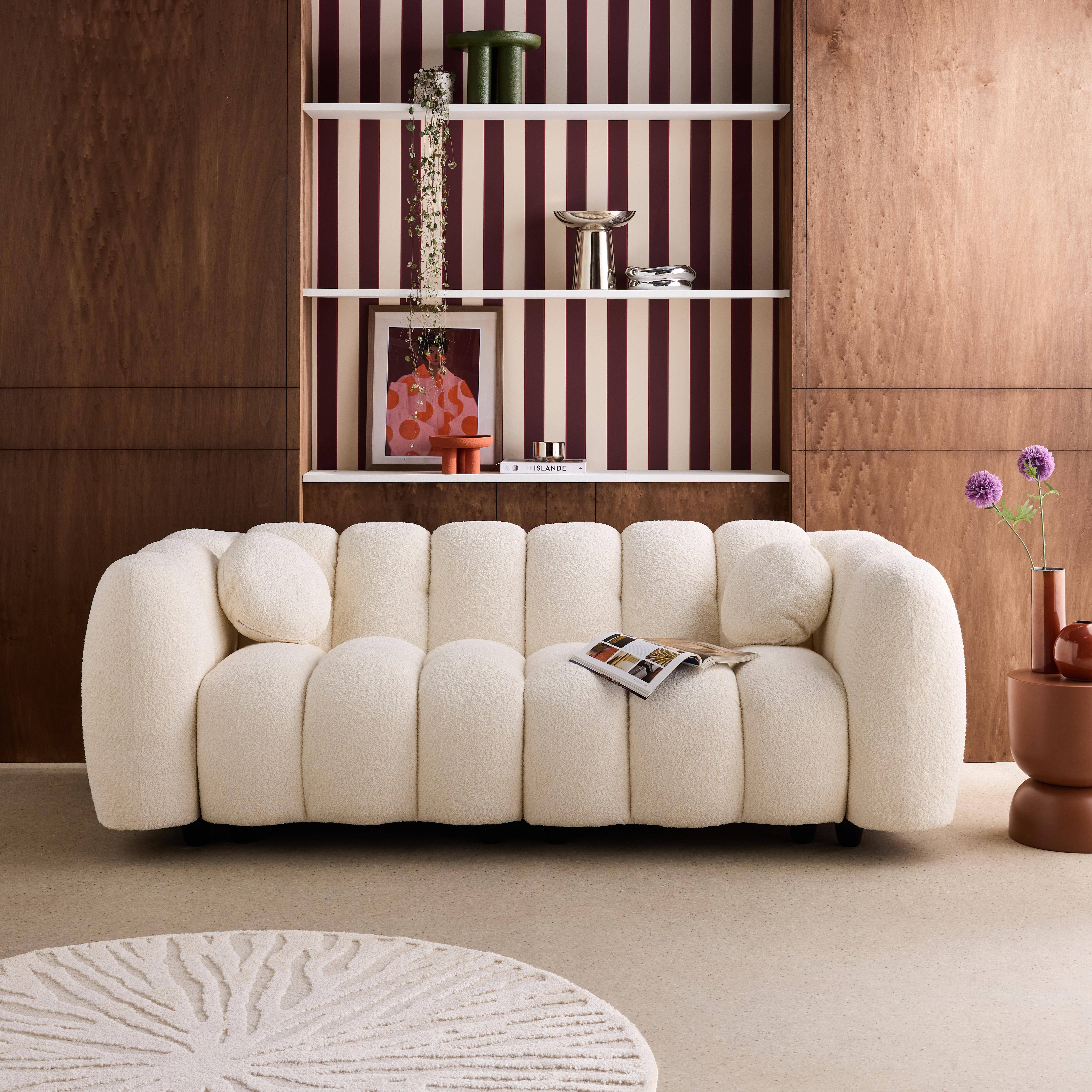 Sofá diseño redondeado con tejido borreguito de 3 plazas Crema - 221x100x76 cm,sweeek,Photo1