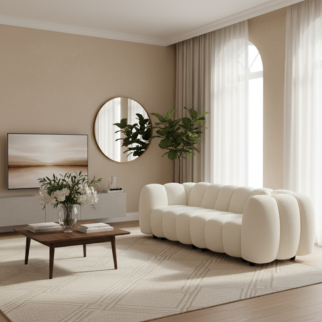 3-Sitzer-Sofa im Muscheldesign mit cremeweißem Bouclé-Bezug L 221 x T 100 x H 76 cm - Perla,sweeek,Photo1