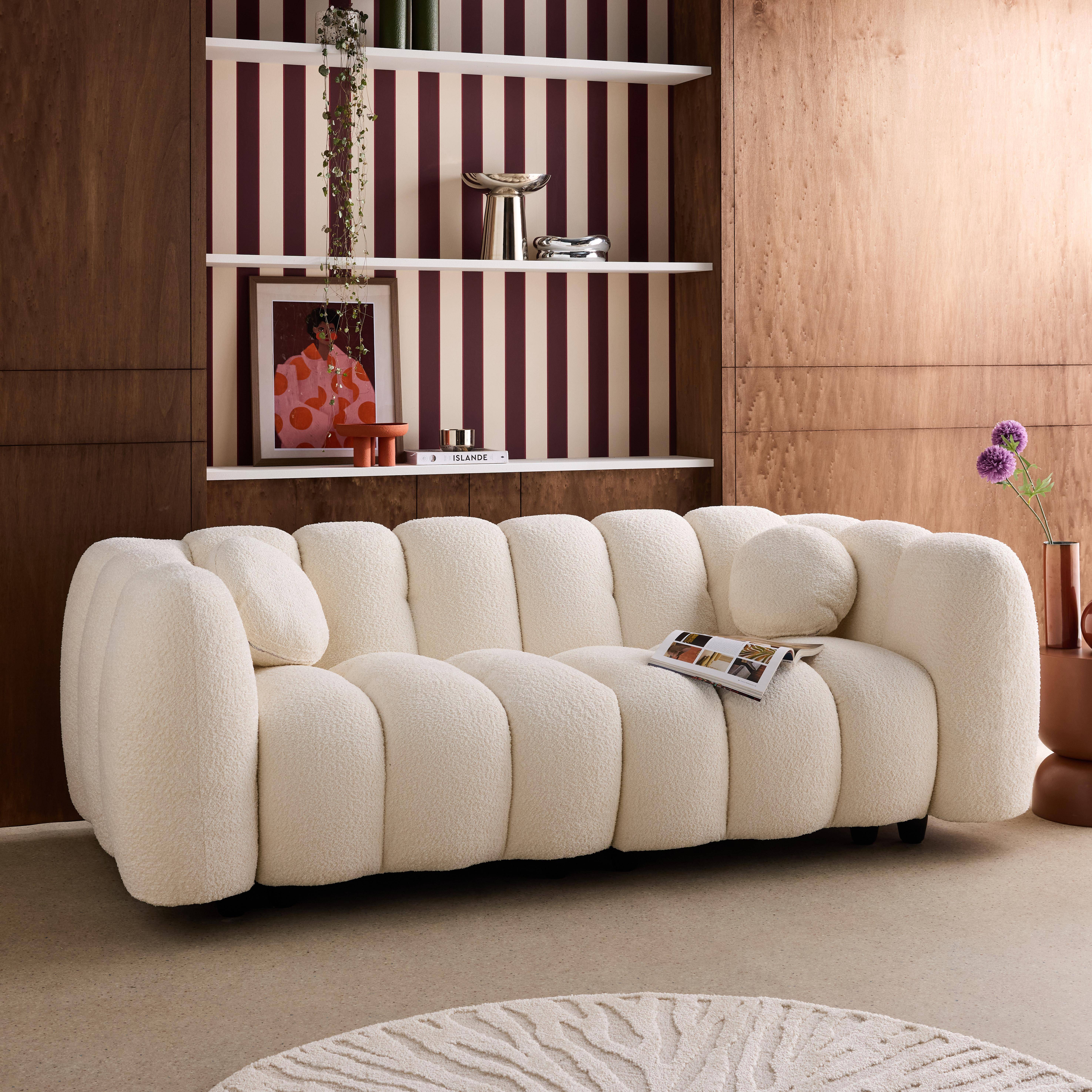 Sofá diseño redondeado con tejido borreguito de 3 plazas Crema - 221x100x76 cm Photo2