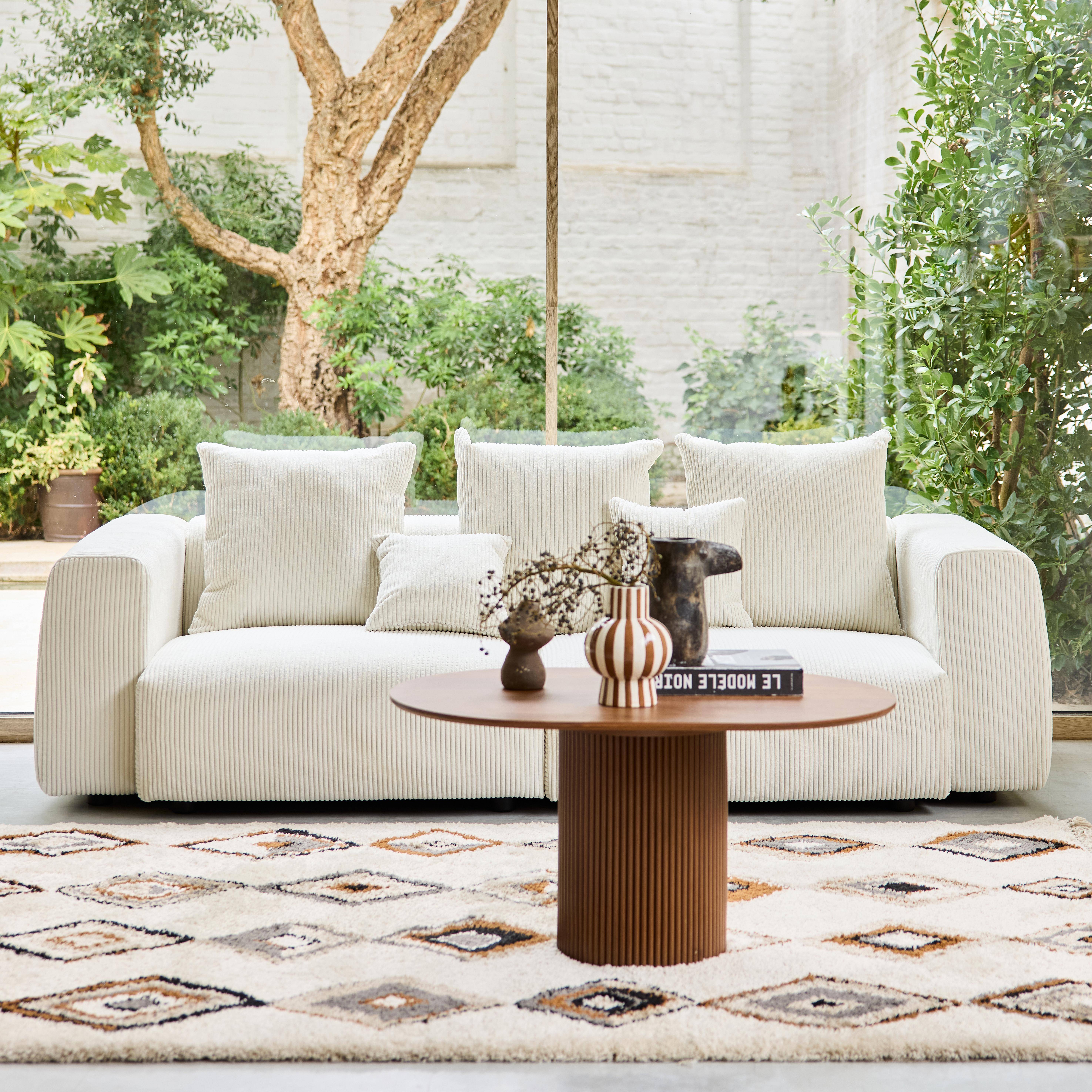 Canapé déhoussable 3 places en velours côtelé grosse côte crème avec pluie de coussins L 230 x P 97 x H 82cm - Pillow,sweeek,Photo2