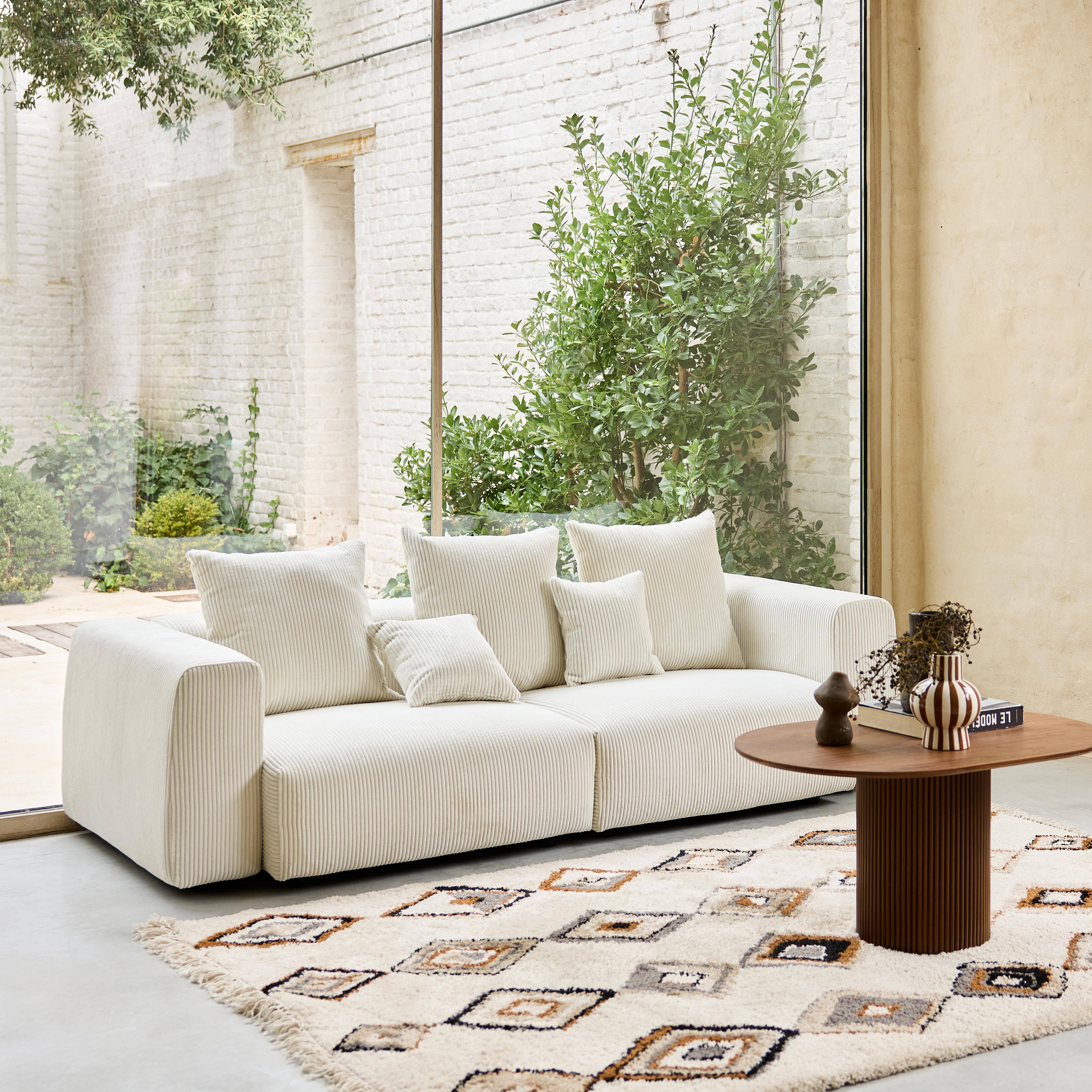 Canapé déhoussable 3 places en velours côtelé grosse côte crème avec pluie de coussins L 230 x P 97 x H 82cm - Pillow,sweeek,Photo2
