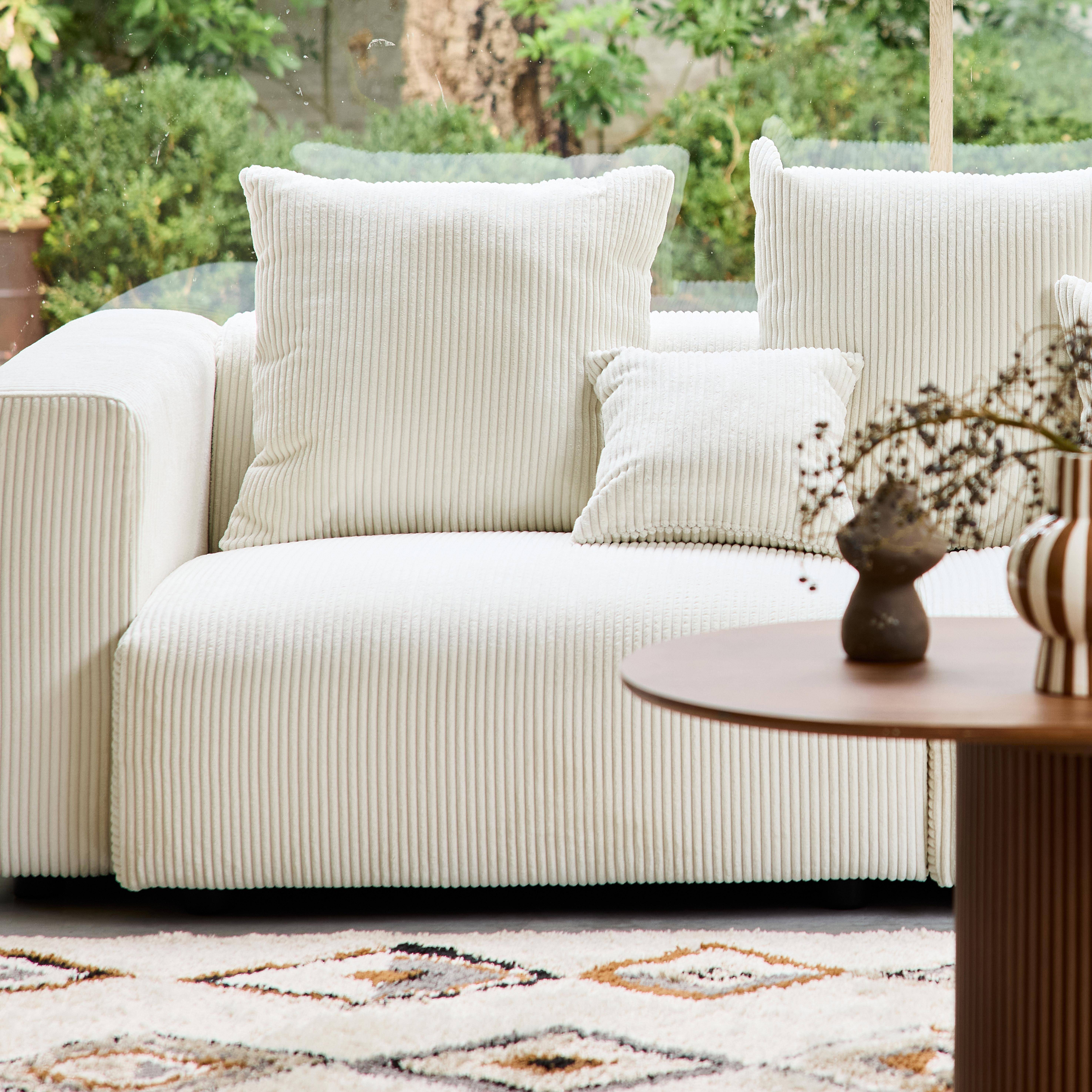 Canapé déhoussable 3 places en velours côtelé grosse côte crème avec pluie de coussins L 230 x P 97 x H 82cm - Pillow Photo3