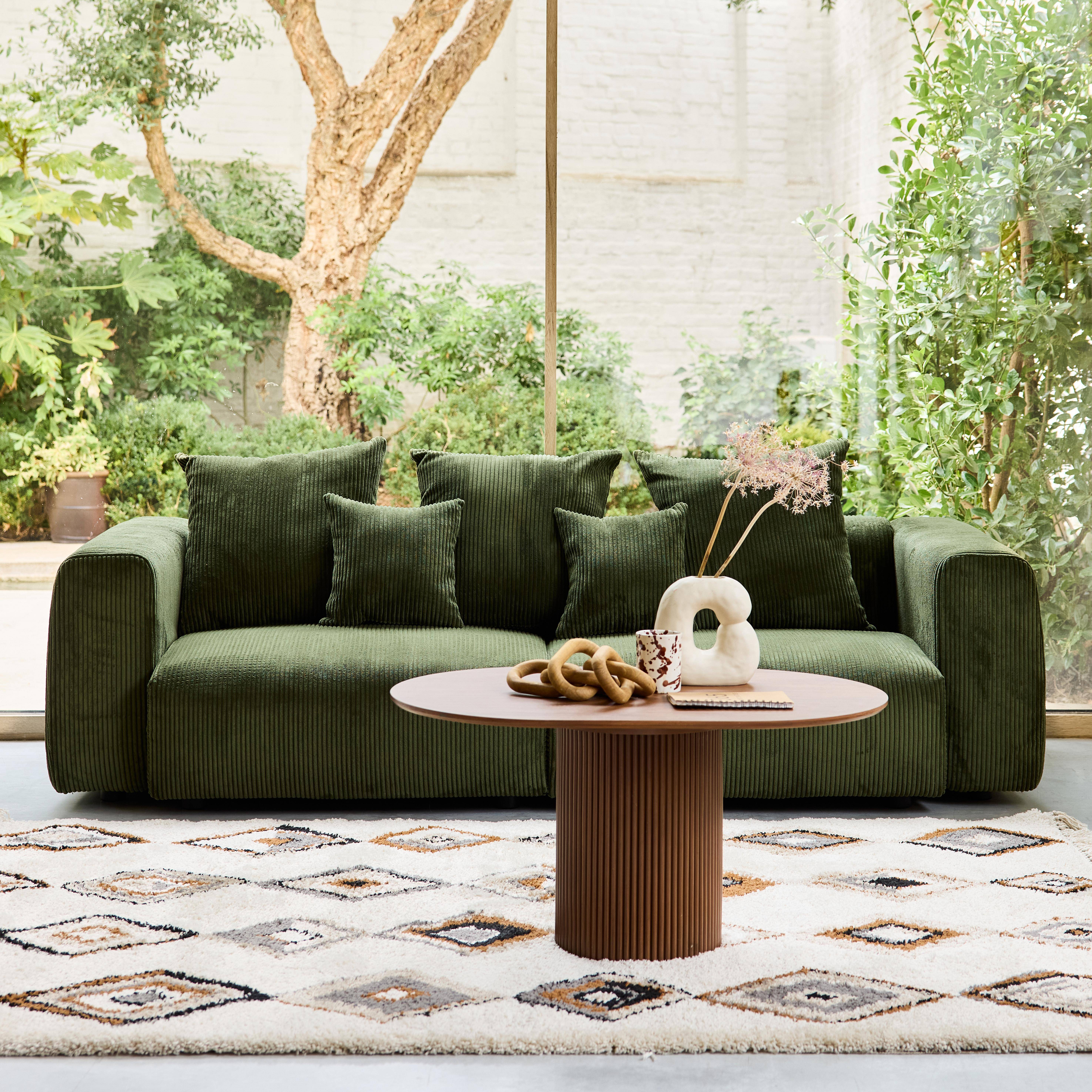 Canapé déhoussable 3 places en velours côtelé grosse côte kaki avec pluie de coussins L 230 x P 97 x H 82cm - Pillow,sweeek,Photo2