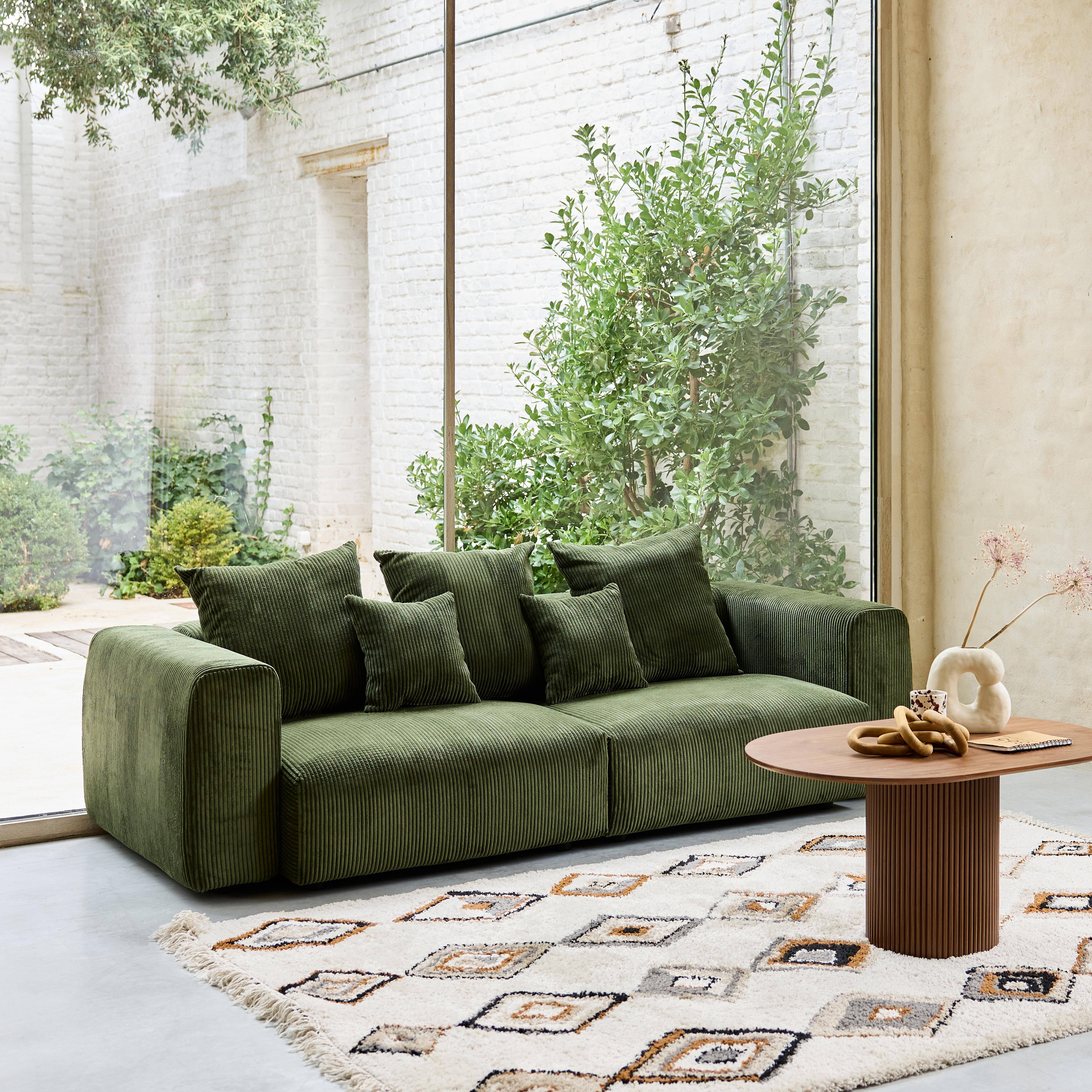 Canapé déhoussable 3 places en velours côtelé grosse côte kaki avec pluie de coussins L 230 x P 97 x H 82cm - Pillow Photo2
