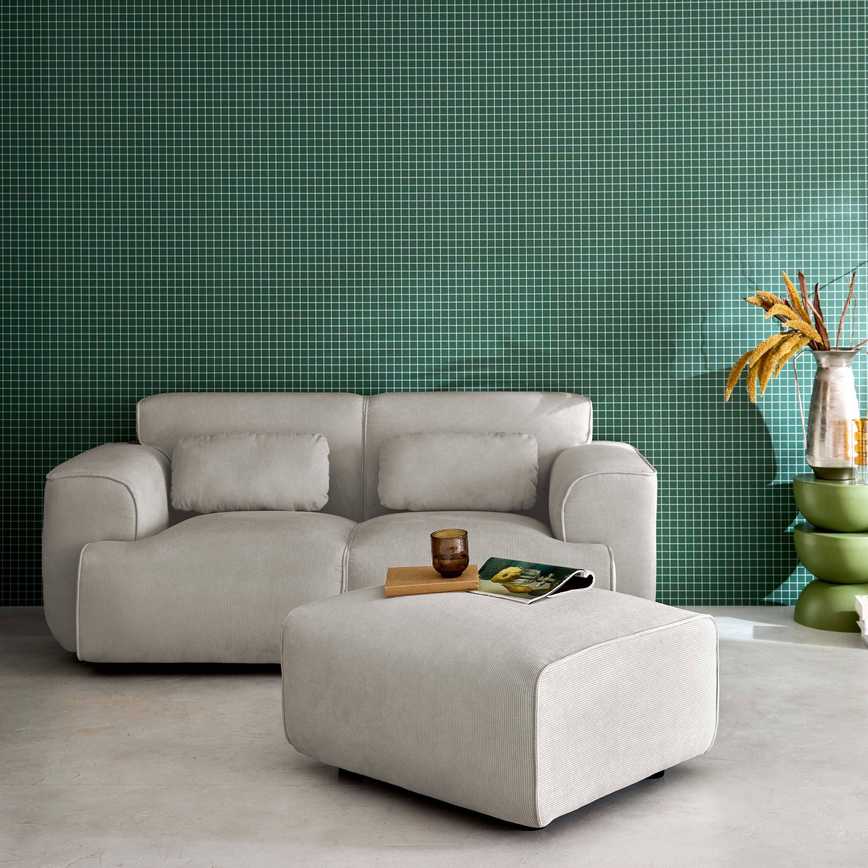 Pufa, podnóżek z sztruksu do sofy 2-osobowej w szaro-beżowym kolorze, dł. 76 x gł. 70 x wys. 41 cm - Wallas Photo3