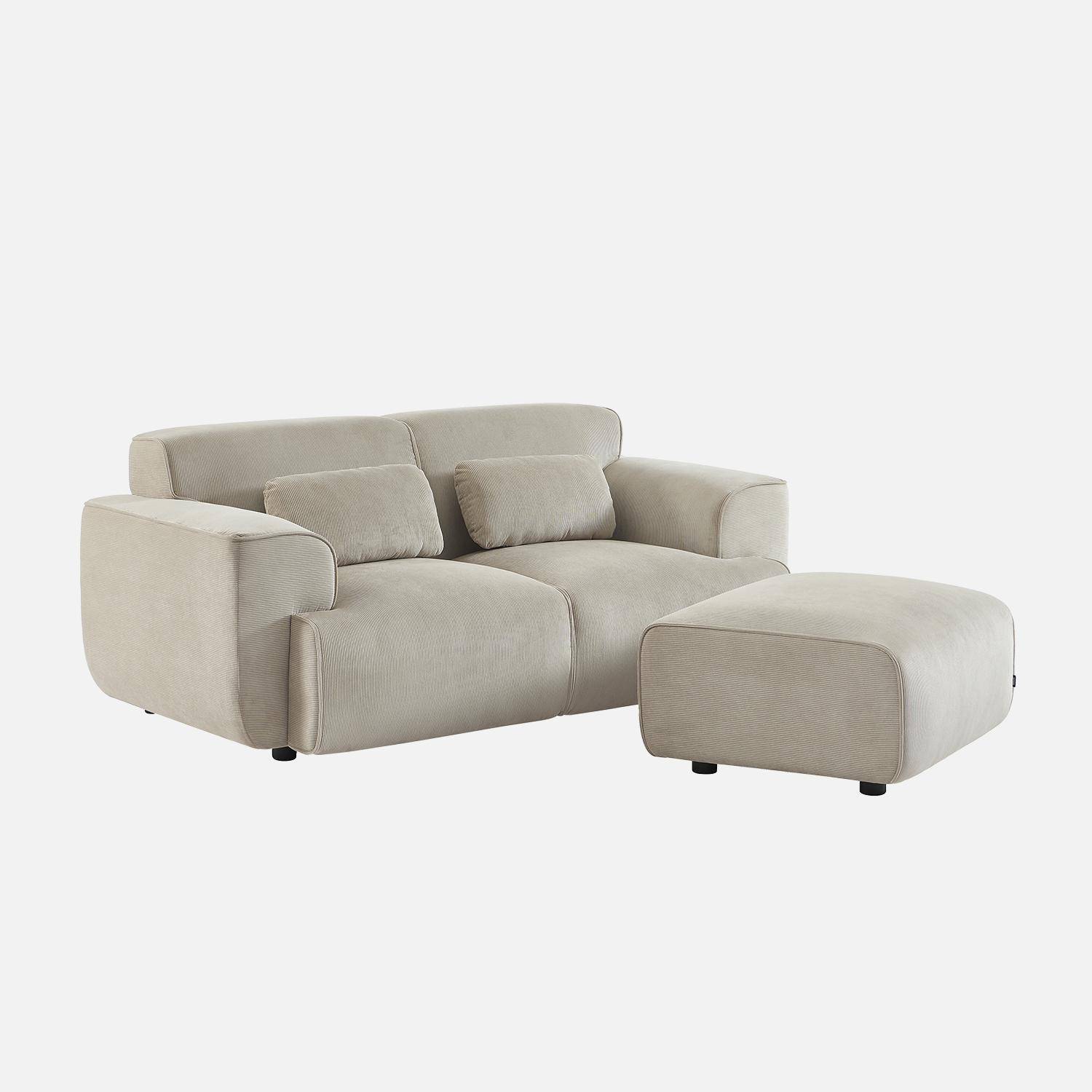 Puff, reposapiés para sofá 2 plazas Wallas terciopelo de pana fina, Wallas, Gris beige, 76x70x41 cm Photo2