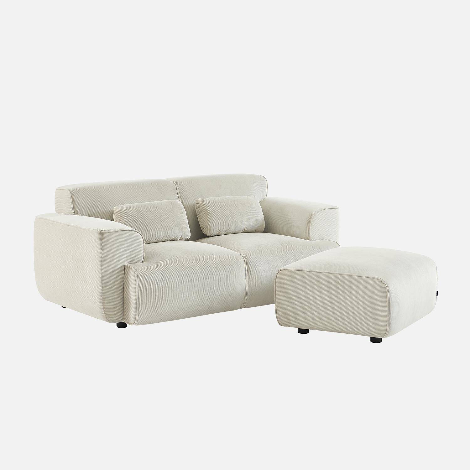 Puff, reposapiés para sofá 2 plazas Wallas terciopelo de pana fina, Wallas, Crema, 76x70x41 cm,sweeek,Photo2