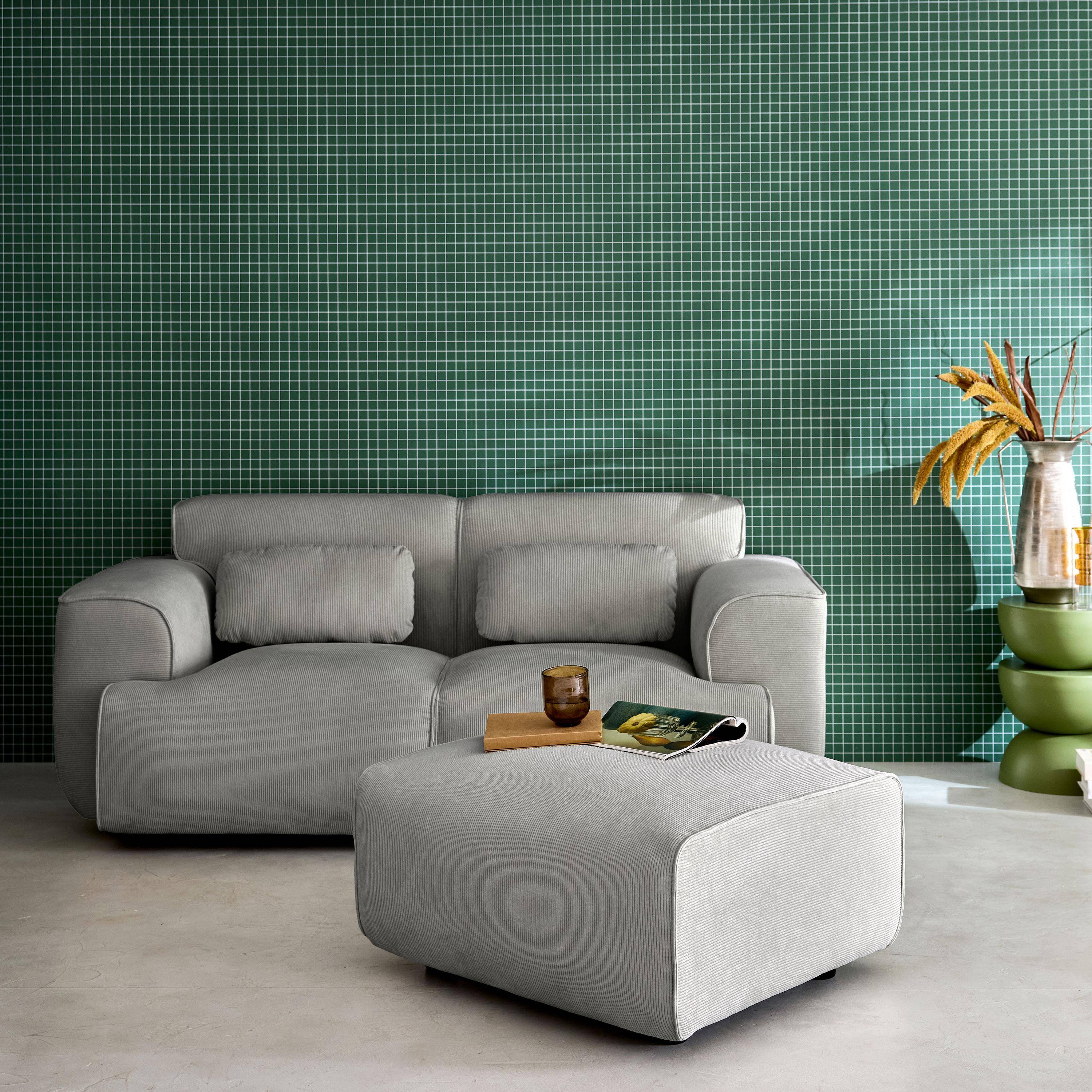 Pufa, podnóżek z sztruksu do sofy 2-osobowej w jasnoszarym kolorze, dł. 76 x gł. 70 x wys. 41 cm - Wallas Photo3