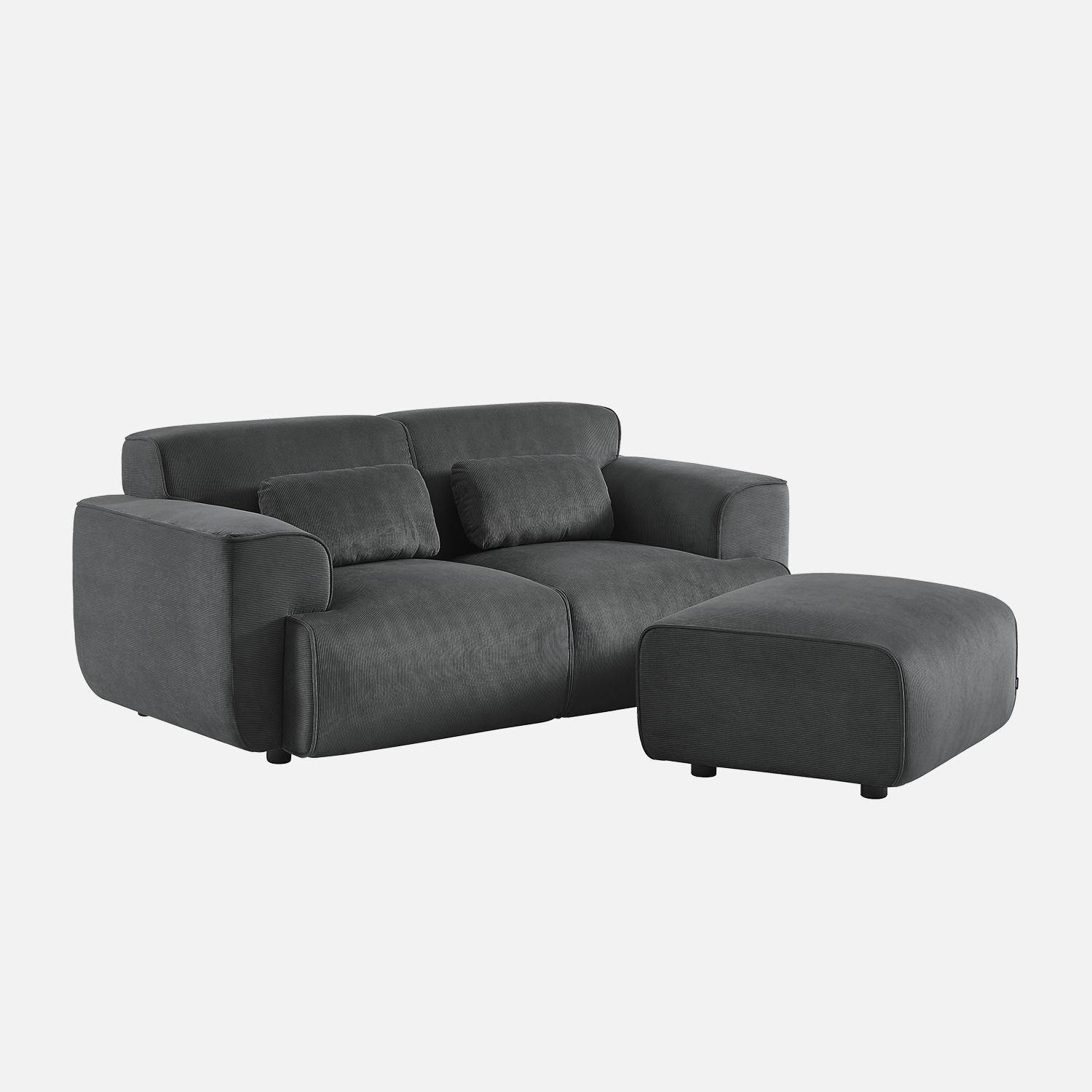 Puff, reposapiés para sofá 2 plazas Wallas terciopelo de pana fina, Wallas, Gris oscuro, 76x70x41 cm,sweeek,Photo2