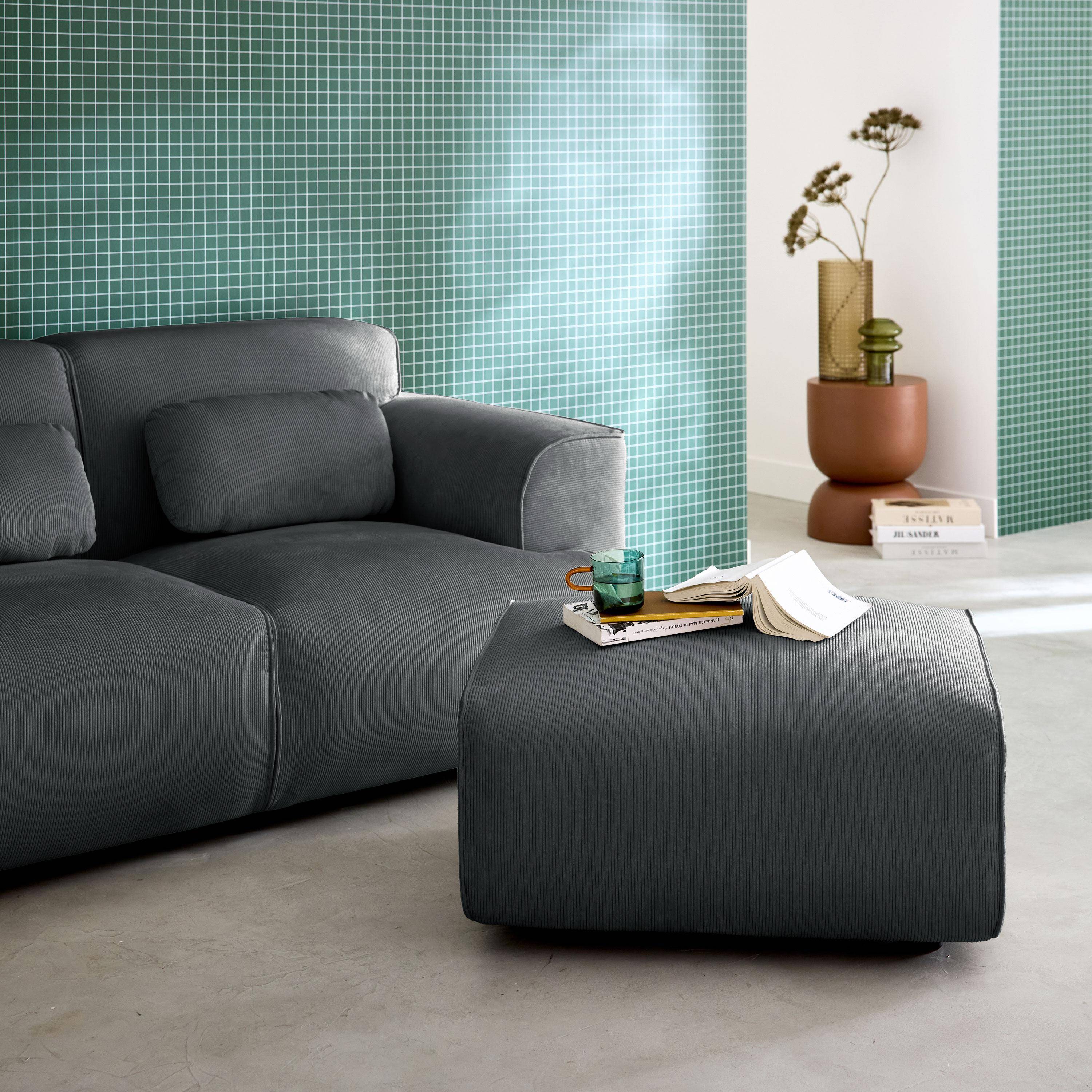  Pufa, podnóżek z sztruksu do sofy 2-osobowej w ciemnoszarym kolorze, dł. 76 x gł. 70 x wys. 41 cm - Wallas Photo2