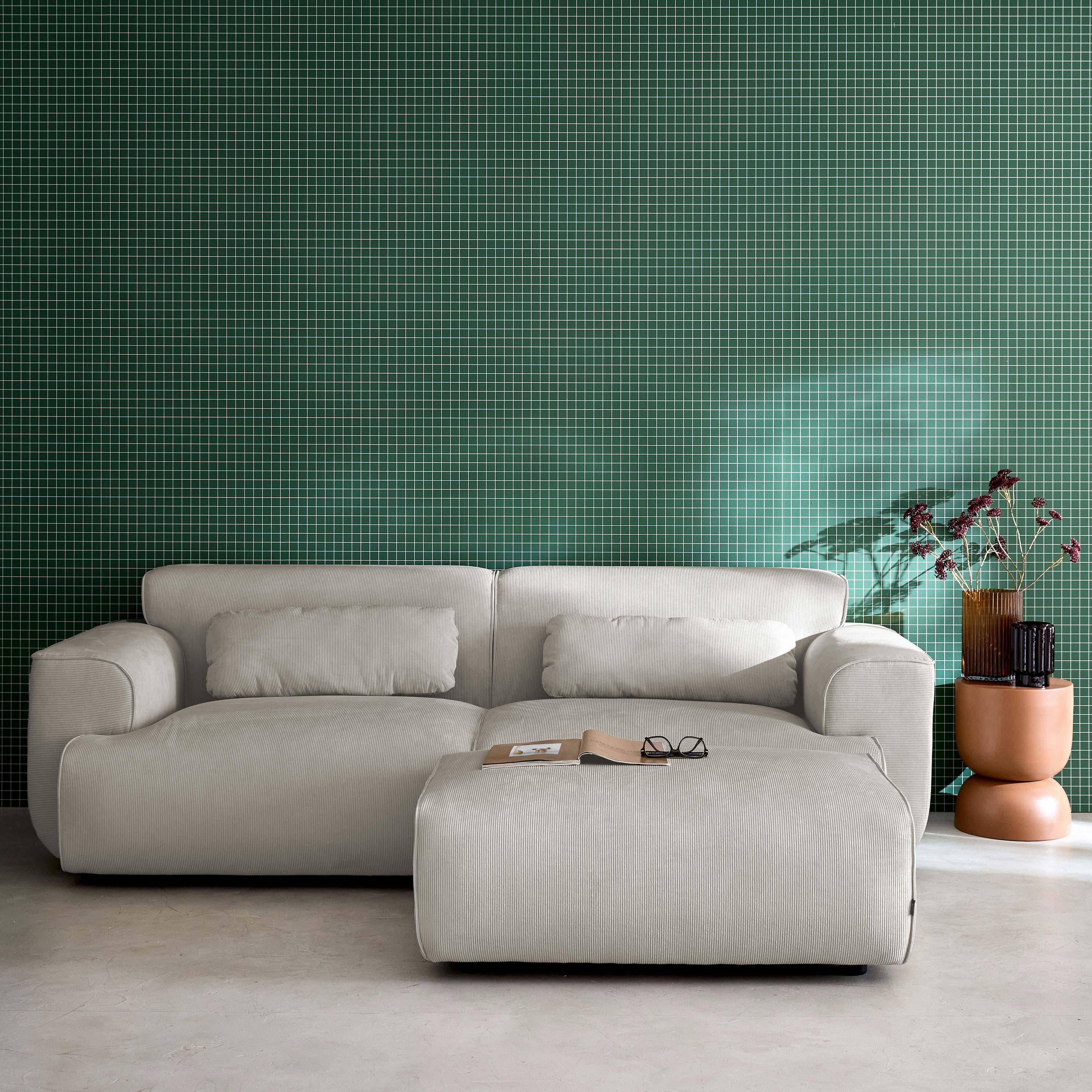 Pufa, podnóżek z sztruksu do sofy 3-osobowej w szaro-beżowym kolorze, dł. 102 x szer. 70 x wys. 41 cm - Wallas Photo4