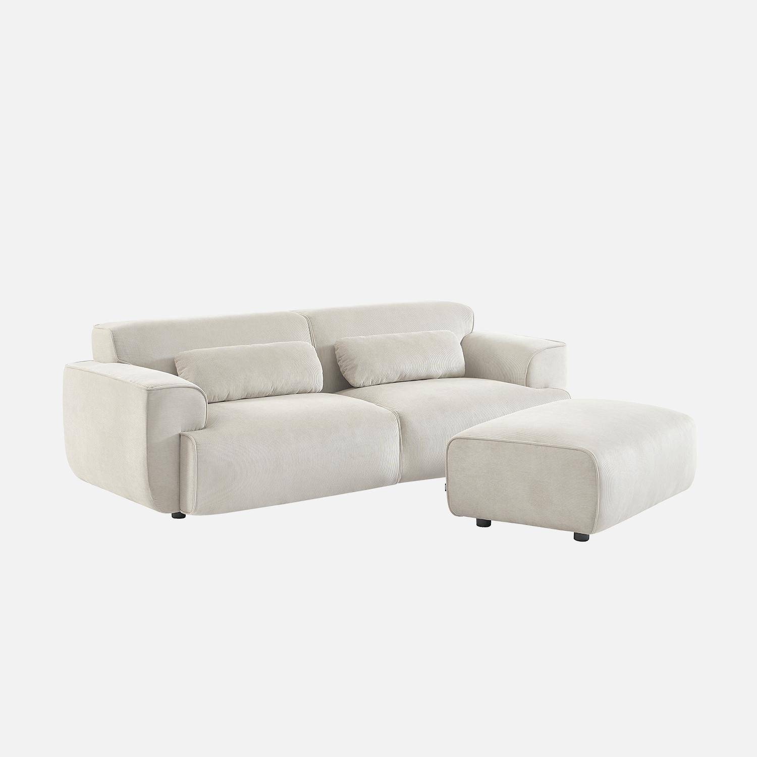 Puff, reposapiés para sofá de 3 plazas Wallas terciopelo de pana fina, Wallas, Blanco, 102x70x41 cm Photo2