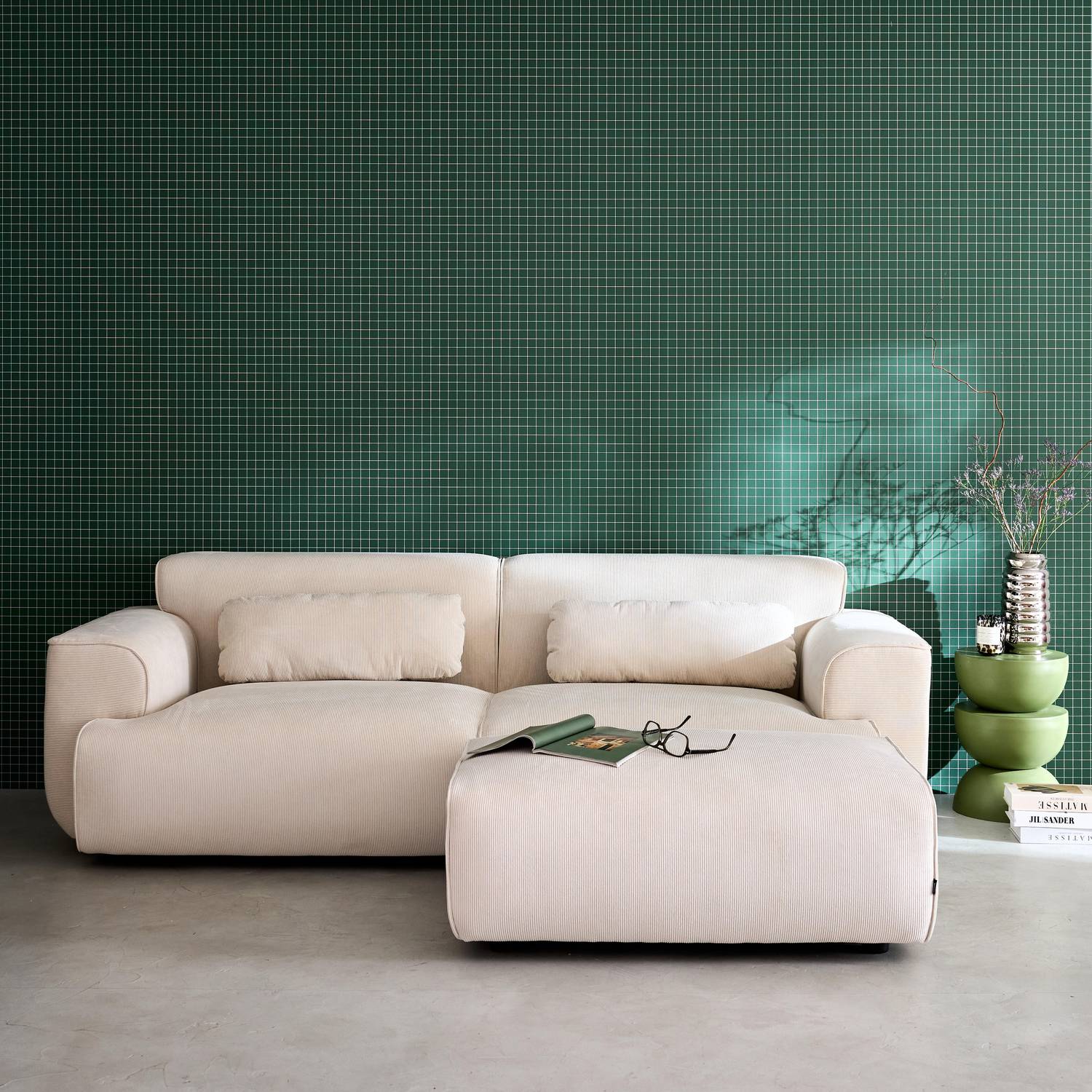 Pouf, module pour canapé, repose-pieds pour canapé 3 places en velours côtelé crème, L 102 x P 70 x H 41cm - Wallas Photo4 Pouf, module pour canapé, repose-pieds pour canapé 3 places en velours côtelé crème, L 102 x P 70 x H 41cm - Wallas Photo4