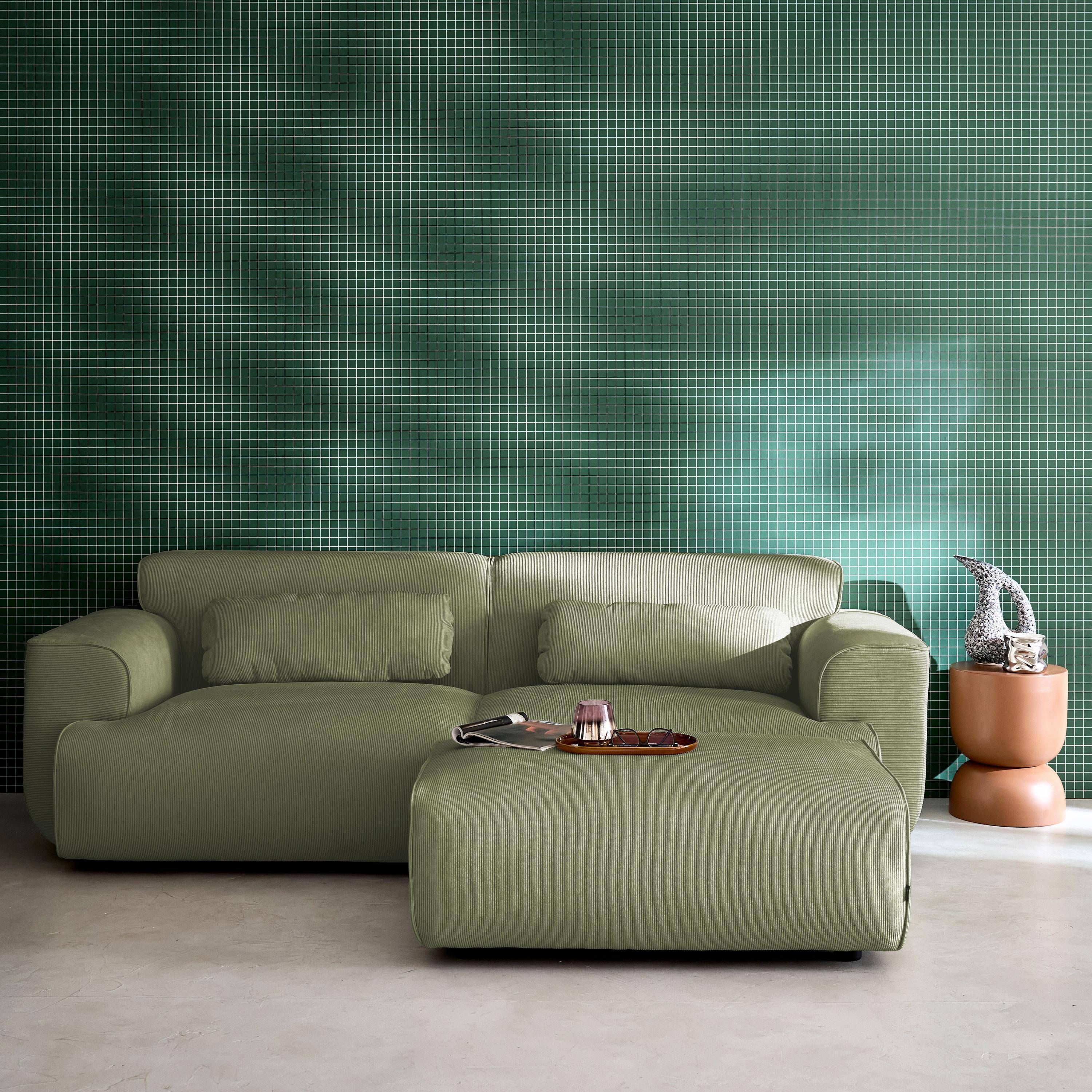 Pufa, podnóżek z sztruksu do sofy 3-osobowej w zielonym kolorze, dł. 102 x szer. 70 x wys. 41 cm - Wallas Photo4