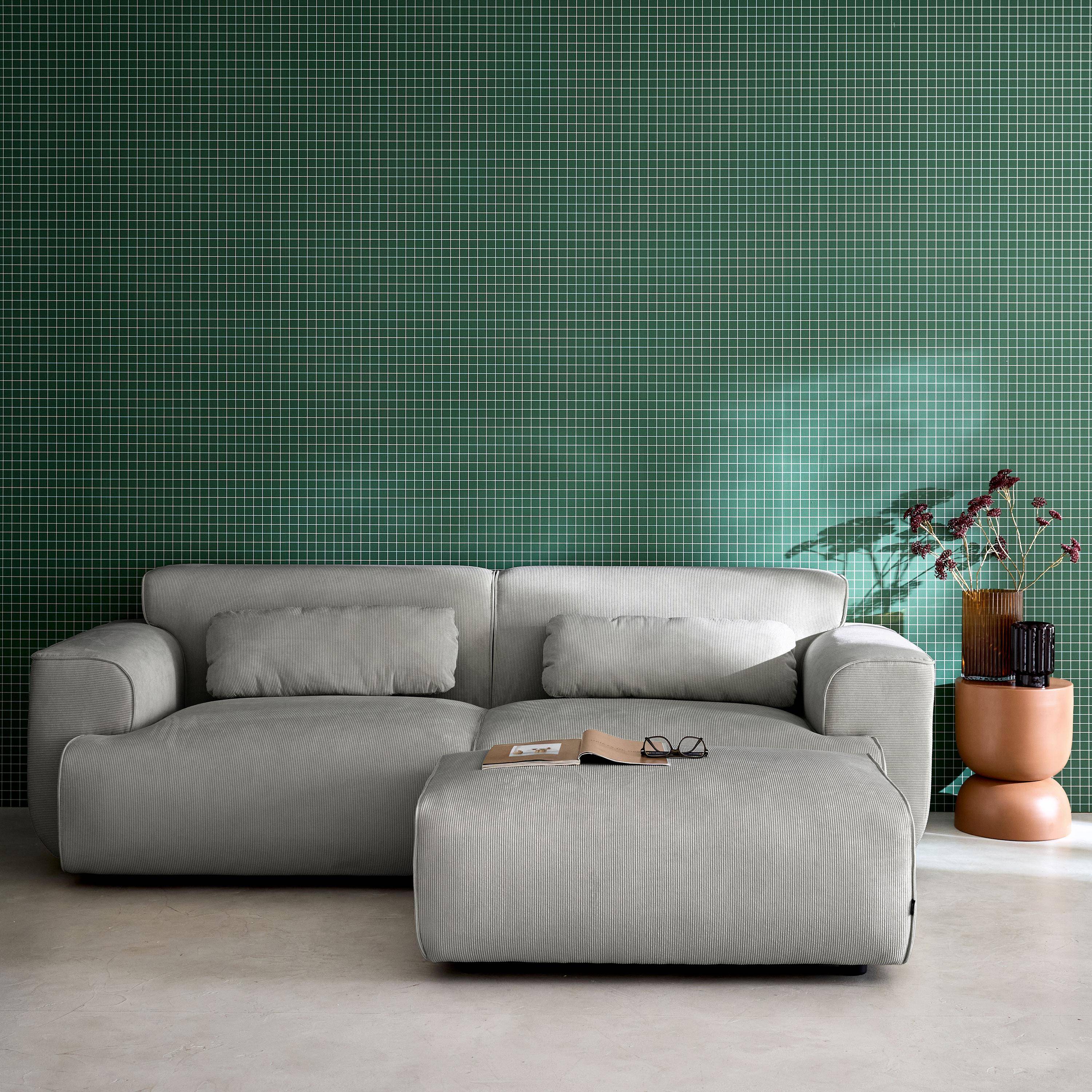 Pufa, podnóżek z sztruksu do sofy 3-osobowej w jasnoszarym kolorze, dł. 102 x szer. 70 x wys. 41 cm - Wallas Photo4