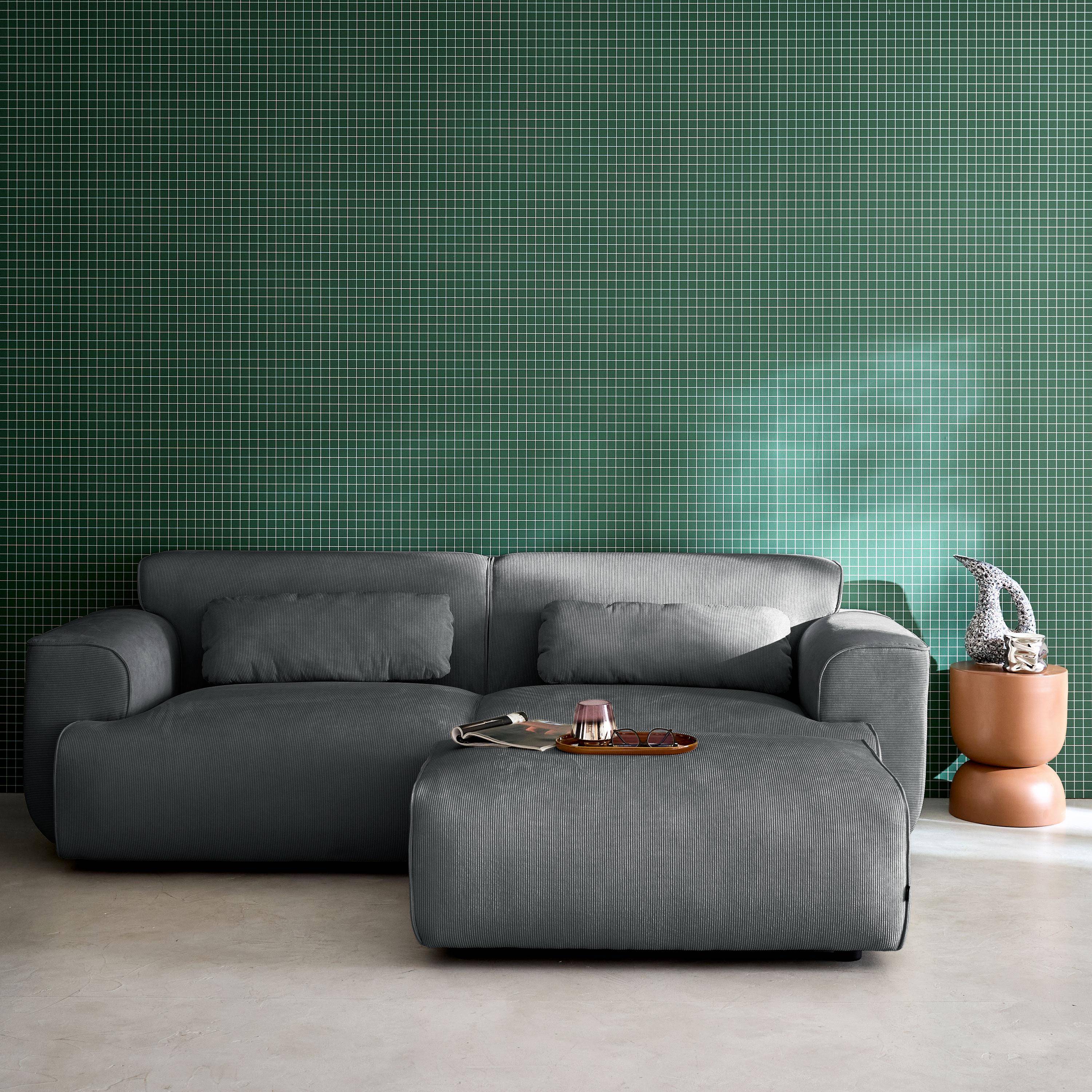 Pufa, podnóżek z sztruksu do sofy 3-osobowej w ciemnoszarym kolorze, dł. 102 x szer. 70 x wys. 41 cm - Wallas,sweeek,Photo4