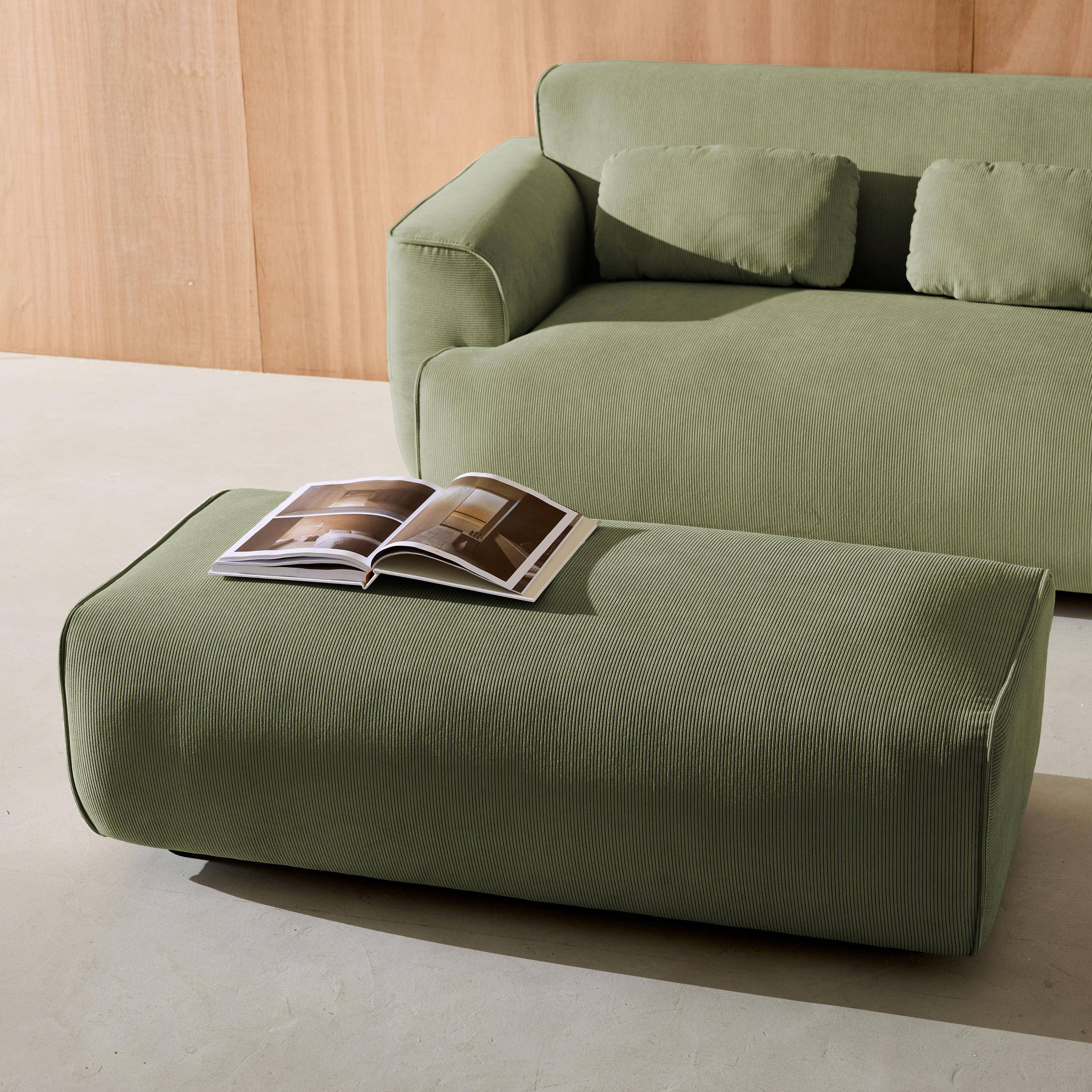 Pouf, module pour canapé, repose-pieds pour canapé d'angle 2 places en velours côtelé vert, L 123 x P 60 x H 41cm - Wallas Photo1