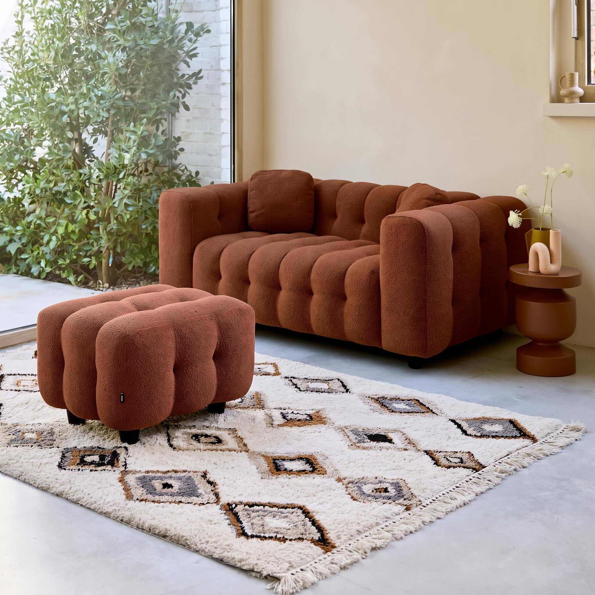 Pouf, module pour canapé, repose-pieds pour canapé 2 places en bouclette texturée terracotta L 69 x P 59 x H 48cm - Leon Photo2