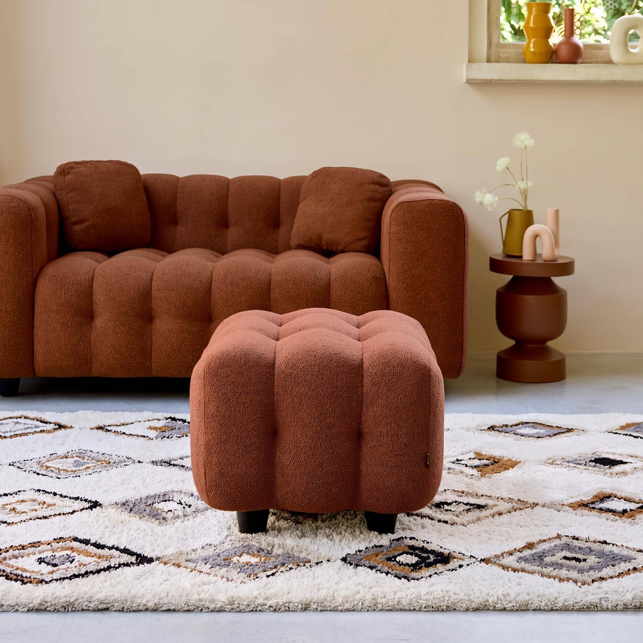 Pouf, module pour canapé, repose-pieds pour canapé 2 places en bouclette texturée terracotta L 69 x P 59 x H 48cm - Leon Photo1