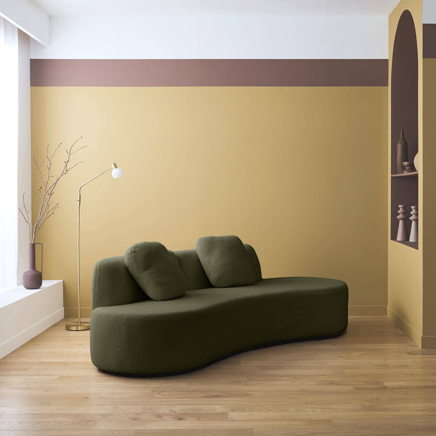 Sofá vírgula orgânico 3 lugares boucle, Wave, Verde caqui, 232x97x68 cm Photo2
