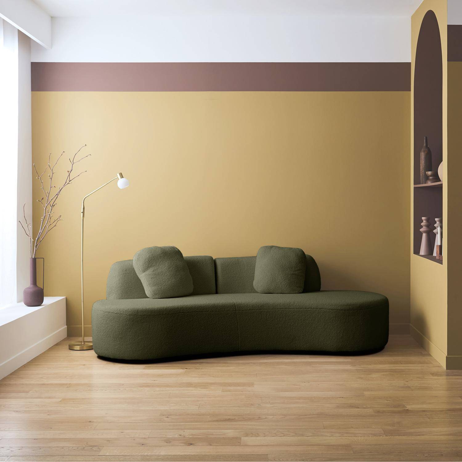 Sofá vírgula orgânico 3 lugares boucle, Wave, Verde caqui, 232x97x68 cm Photo1