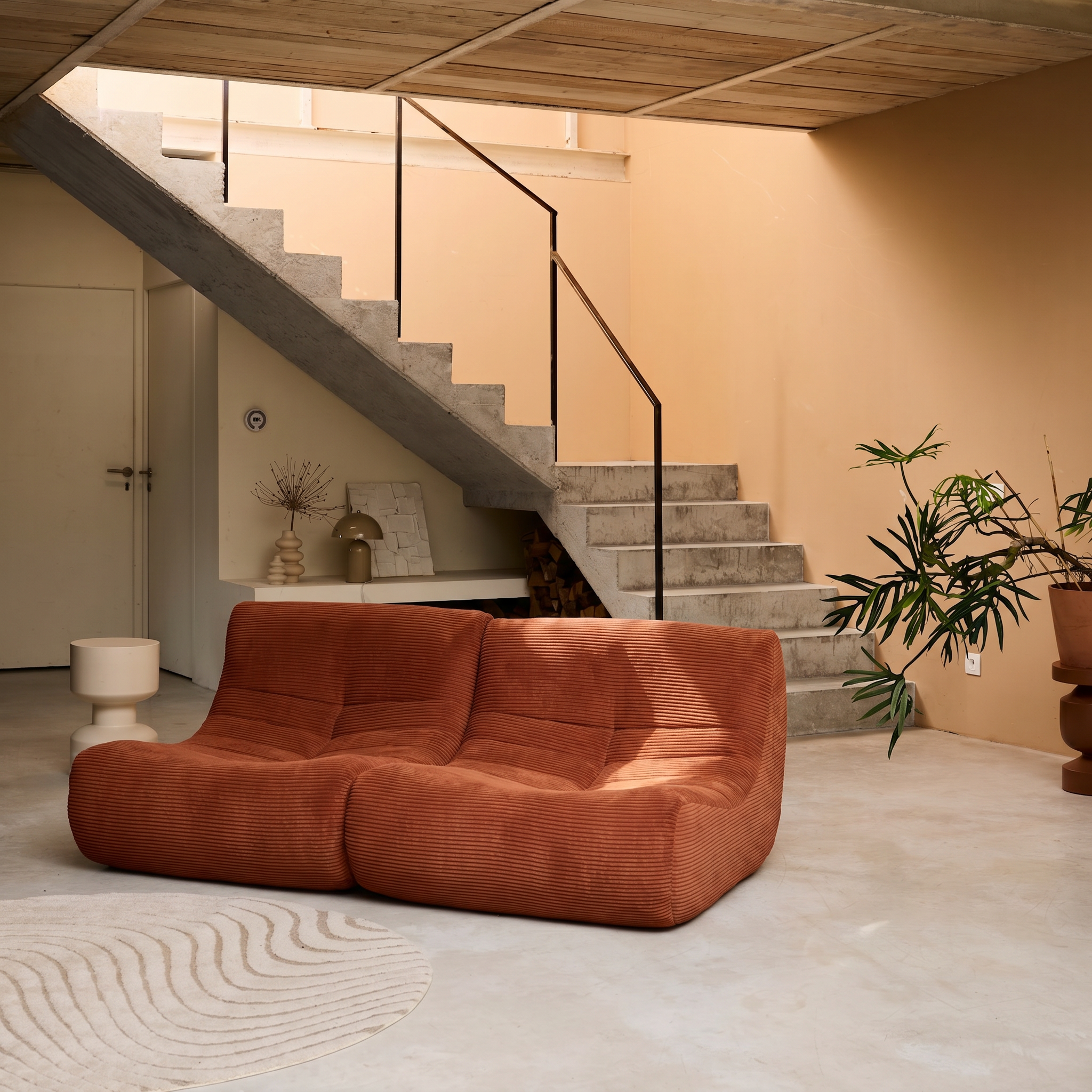 Chauffeuse velours côtelé 2 places terracotta L 91 x P 105 x H 72 cm - SOKOL Photo1