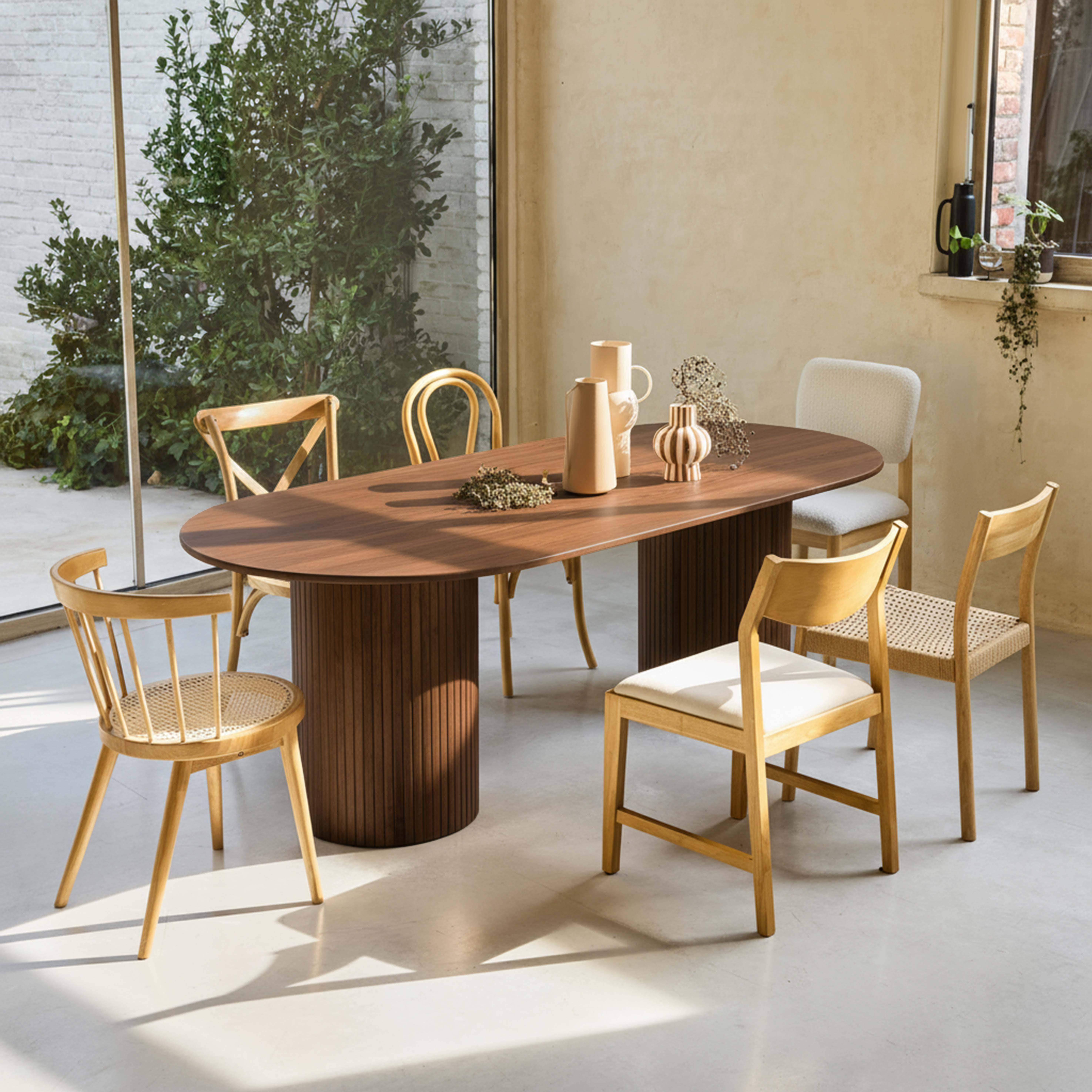 Mesa de comedor de madera de hévea y chapado de roble, 8 plazas, Estelle, Nogal, 220x100x73 cm,sweeek,Photo4
