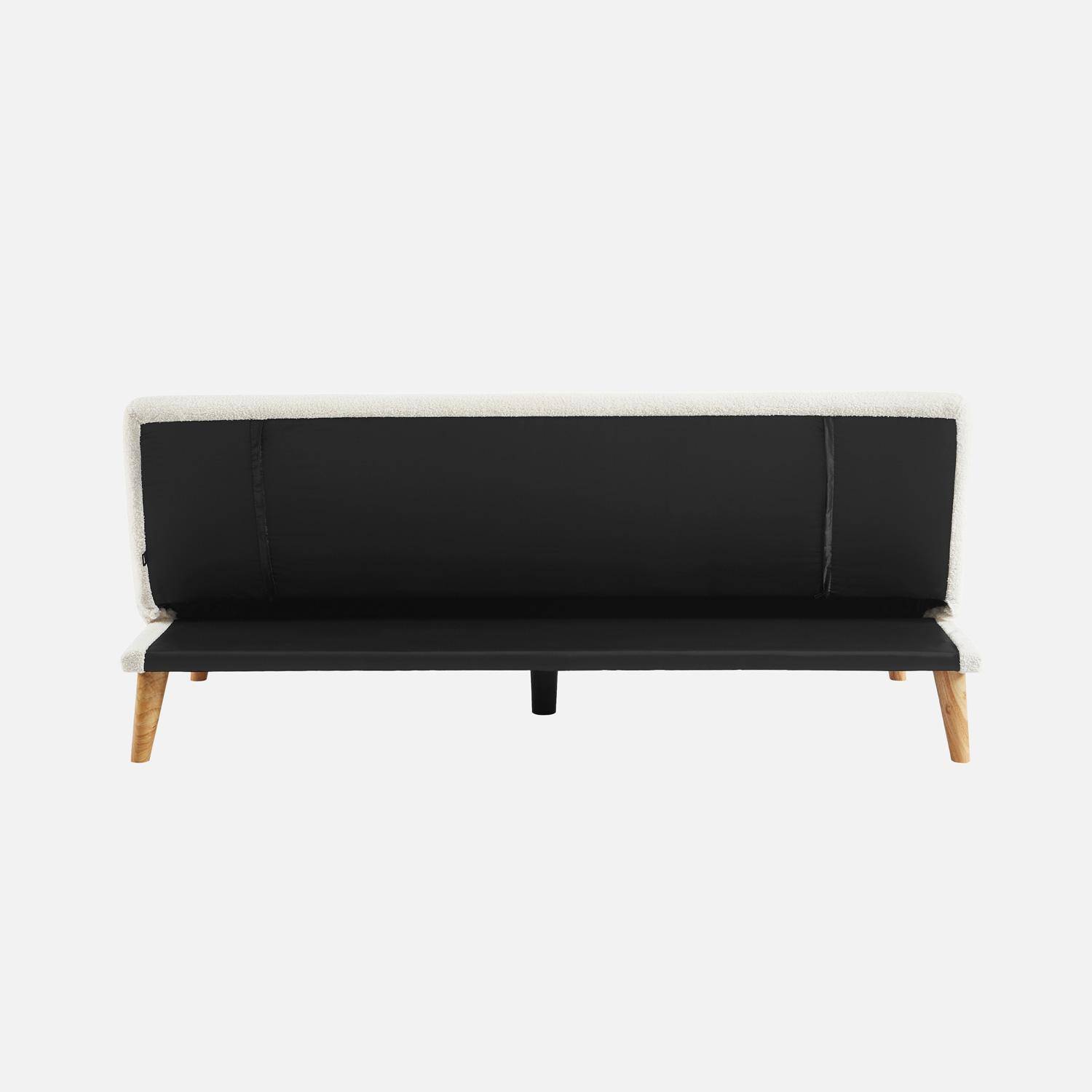 Canapé banquette convertible 3 places bouclette blanche piètement bois d'hévéa L 180 x P 100 x H 74,5 cm - Tom Photo3