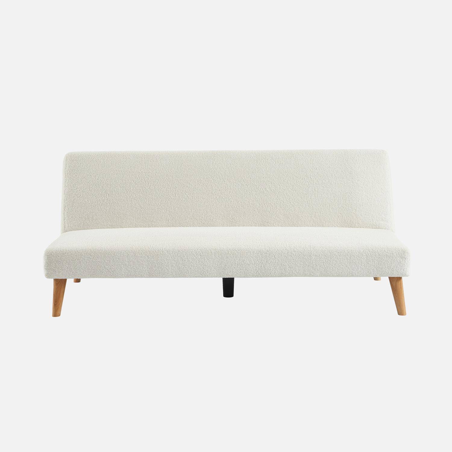 Canapé banquette convertible 3 places bouclette blanche piètement bois d'hévéa L 180 x P 100 x H 74,5 cm - Tom Photo2