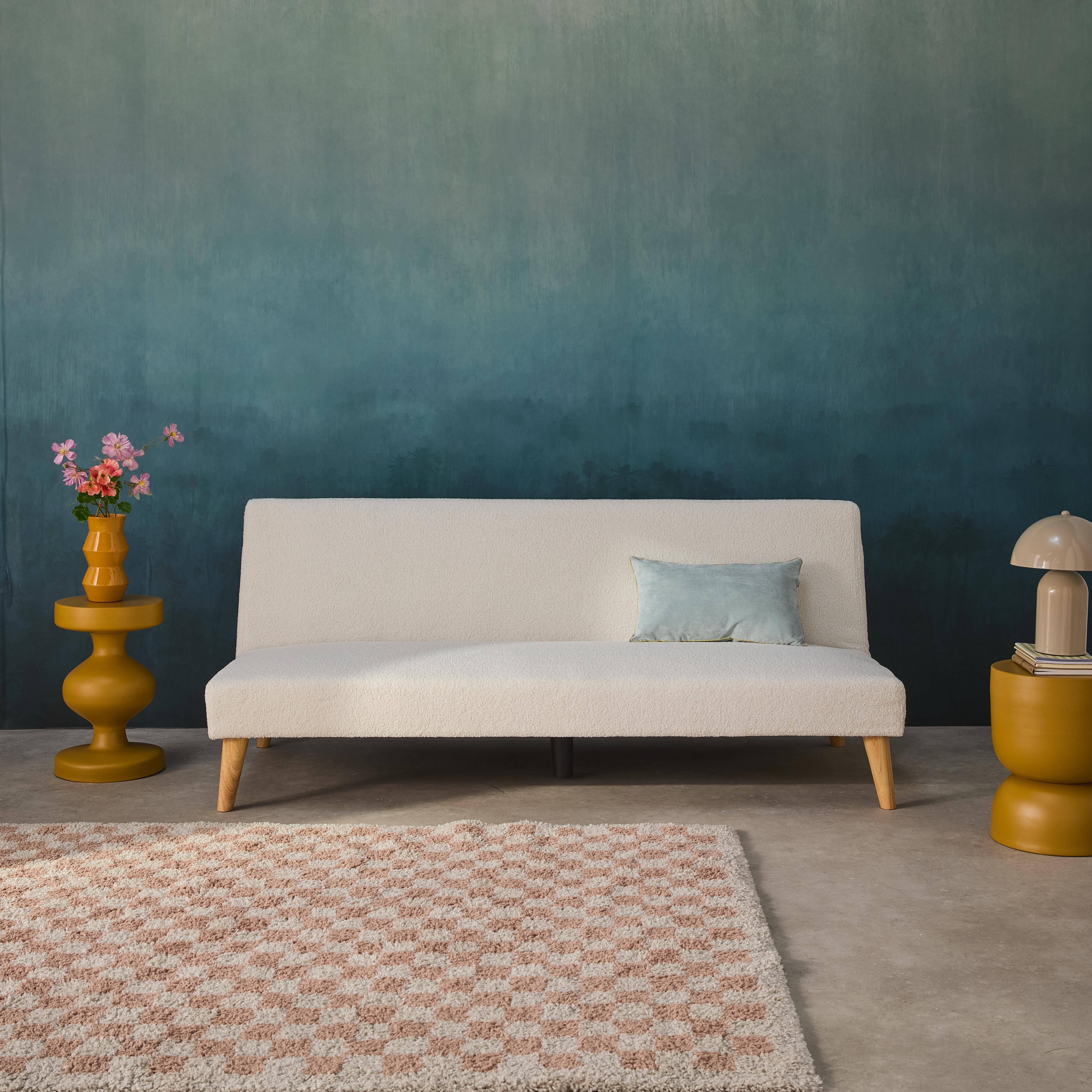 Canapé banquette convertible 3 places bouclette blanche piètement bois d'hévéa L 180 x P 100 x H 74,5 cm - Tom Photo3