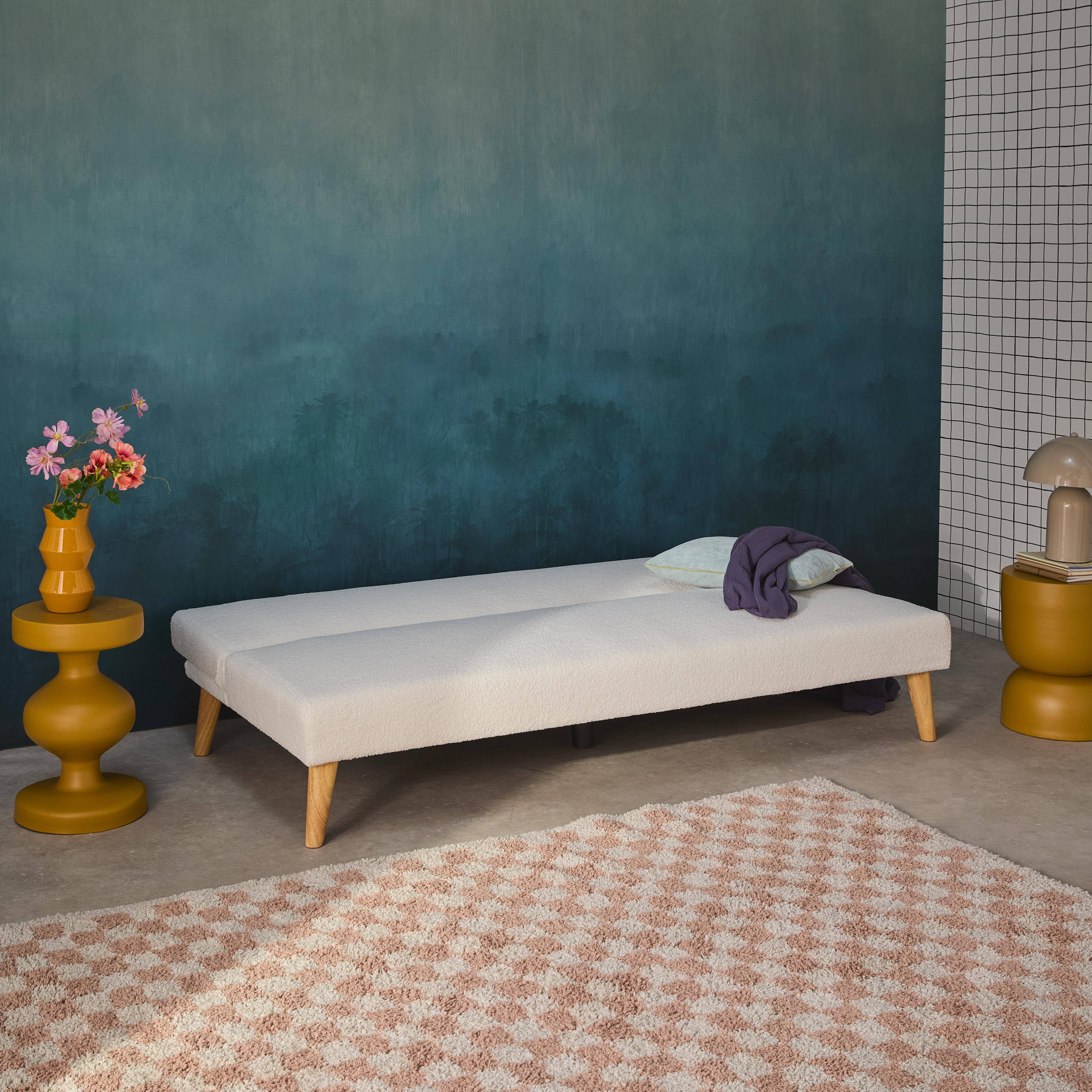 Canapé banquette convertible 3 places bouclette blanche piètement bois d'hévéa L 180 x P 100 x H 74,5 cm - Tom Photo2