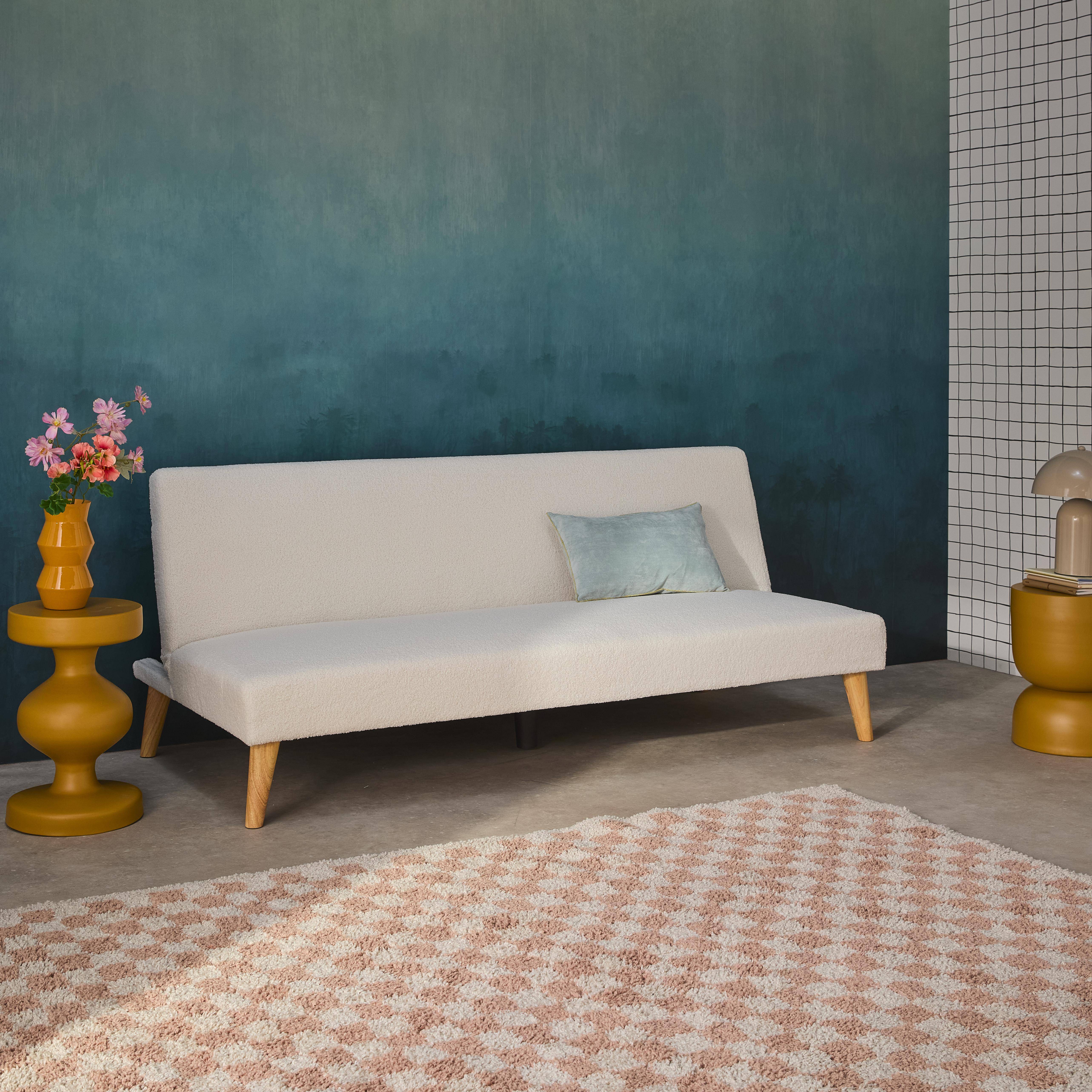 Canapé banquette convertible 3 places bouclette blanche piètement bois d'hévéa L 180 x P 100 x H 74,5 cm - Tom Photo1