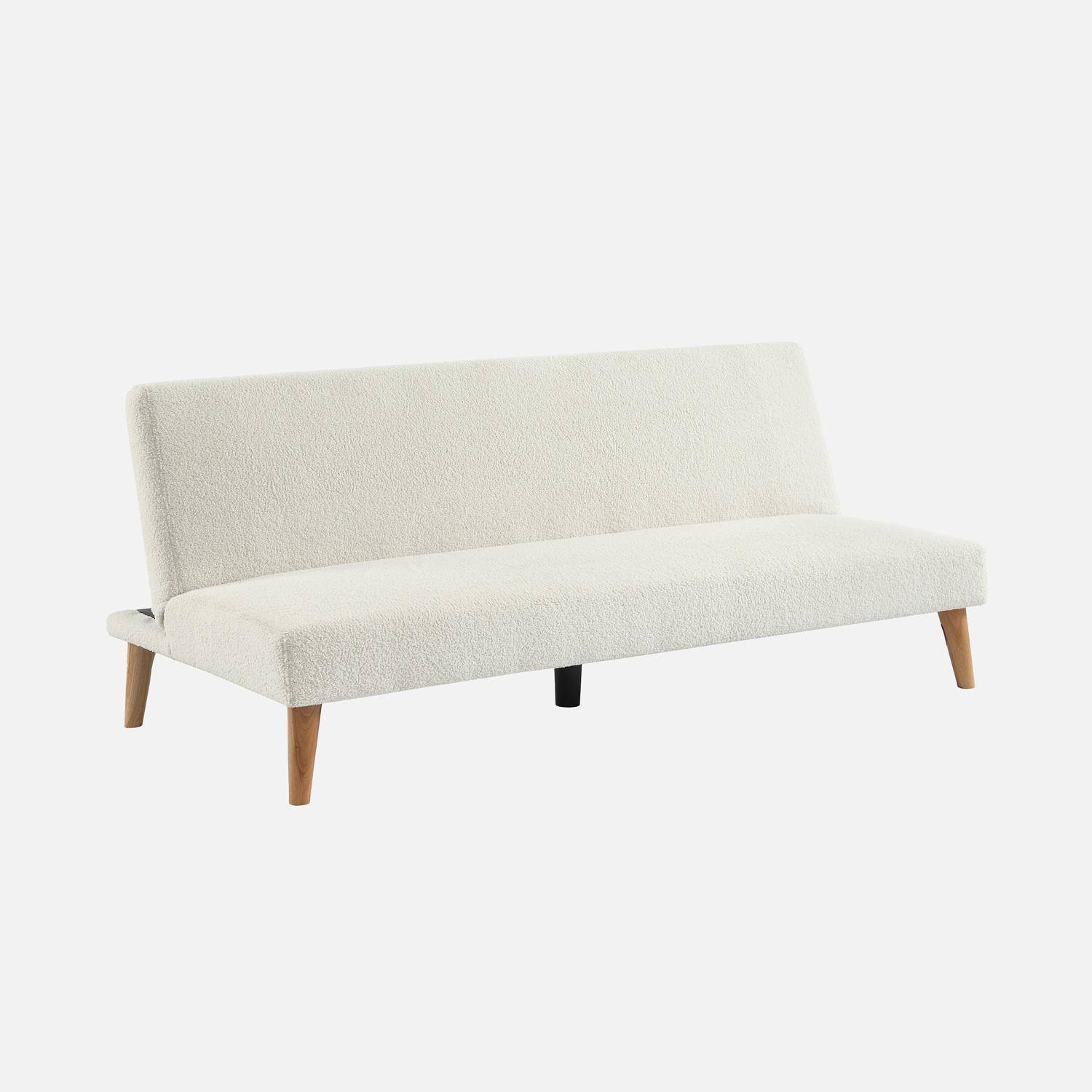 Canapé banquette convertible 3 places bouclette blanche piètement bois d'hévéa L 180 x P 100 x H 74,5 cm - Tom Photo1