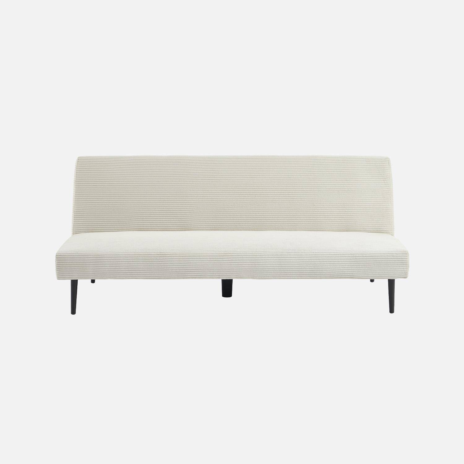 Canapé banquette convertible 3 places velours côtelé crème piétement métal L 180 x P 100 x H 74,5 cm - Max Photo2