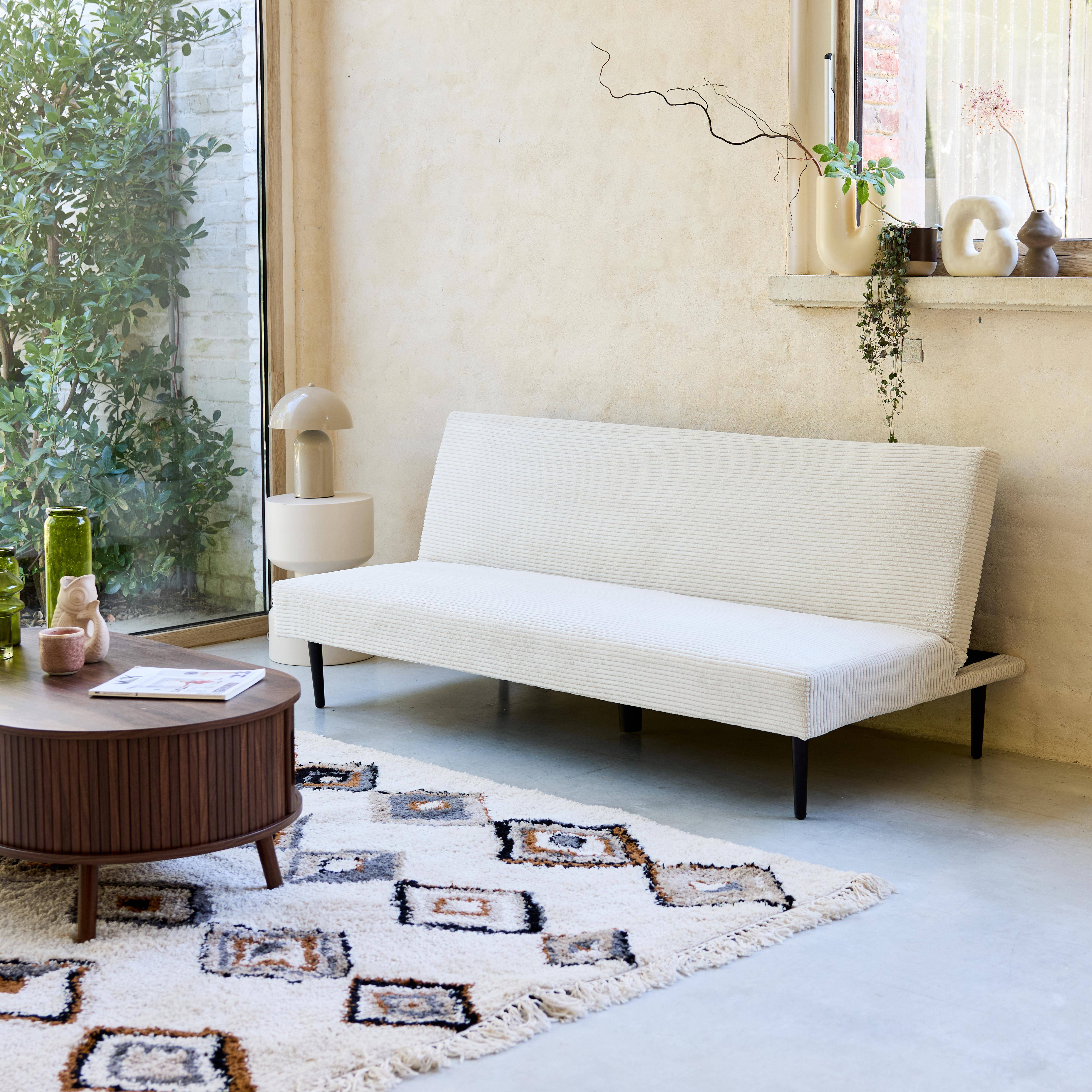 Canapé banquette convertible 3 places velours côtelé crème piétement métal L 180 x P 100 x H 74,5 cm - Max,sweeek,Photo1