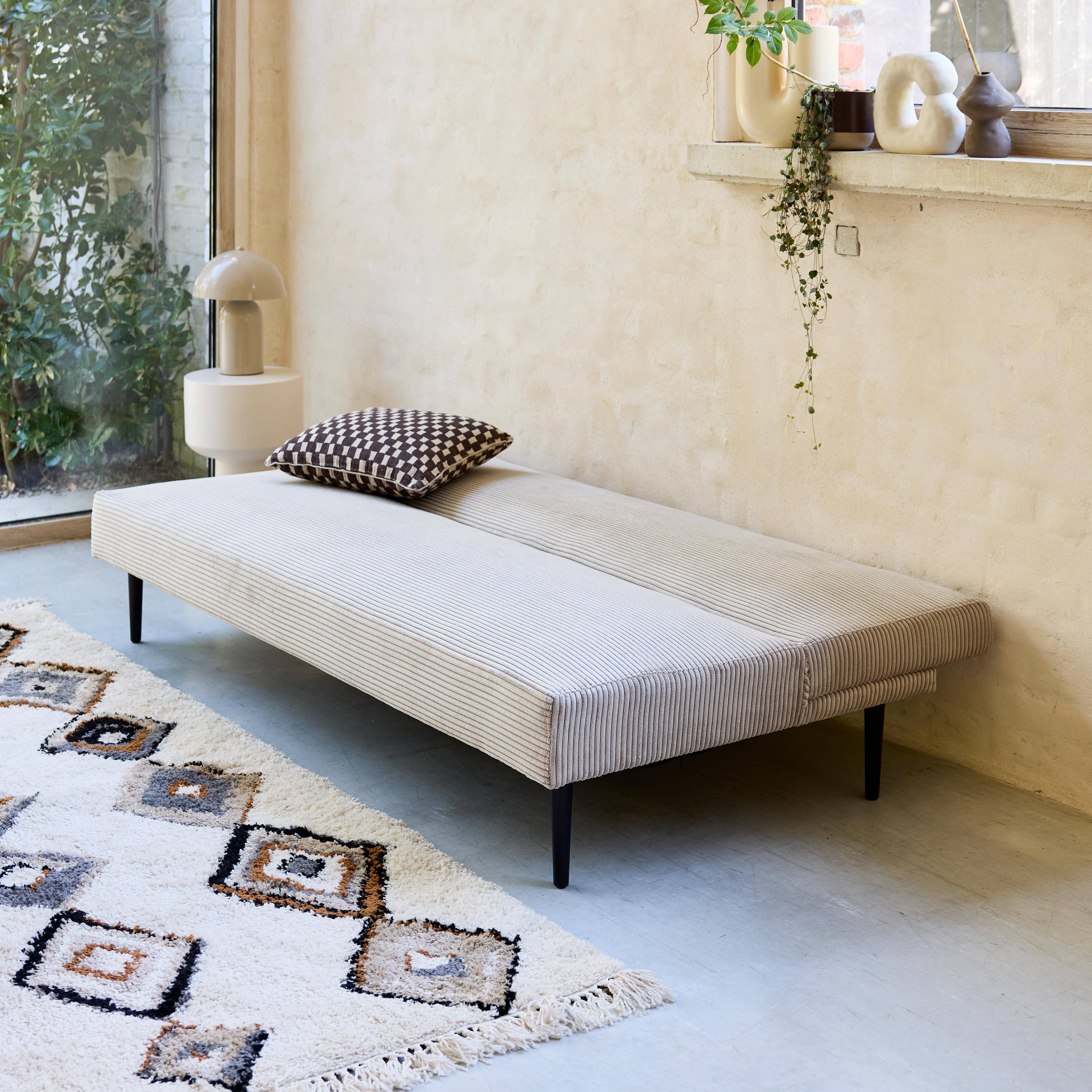 Sofá-cama en terciopelo de pana fina, 3 plazas , Max, Gris beige, 180x85x74.5 cm,sweeek,Photo2