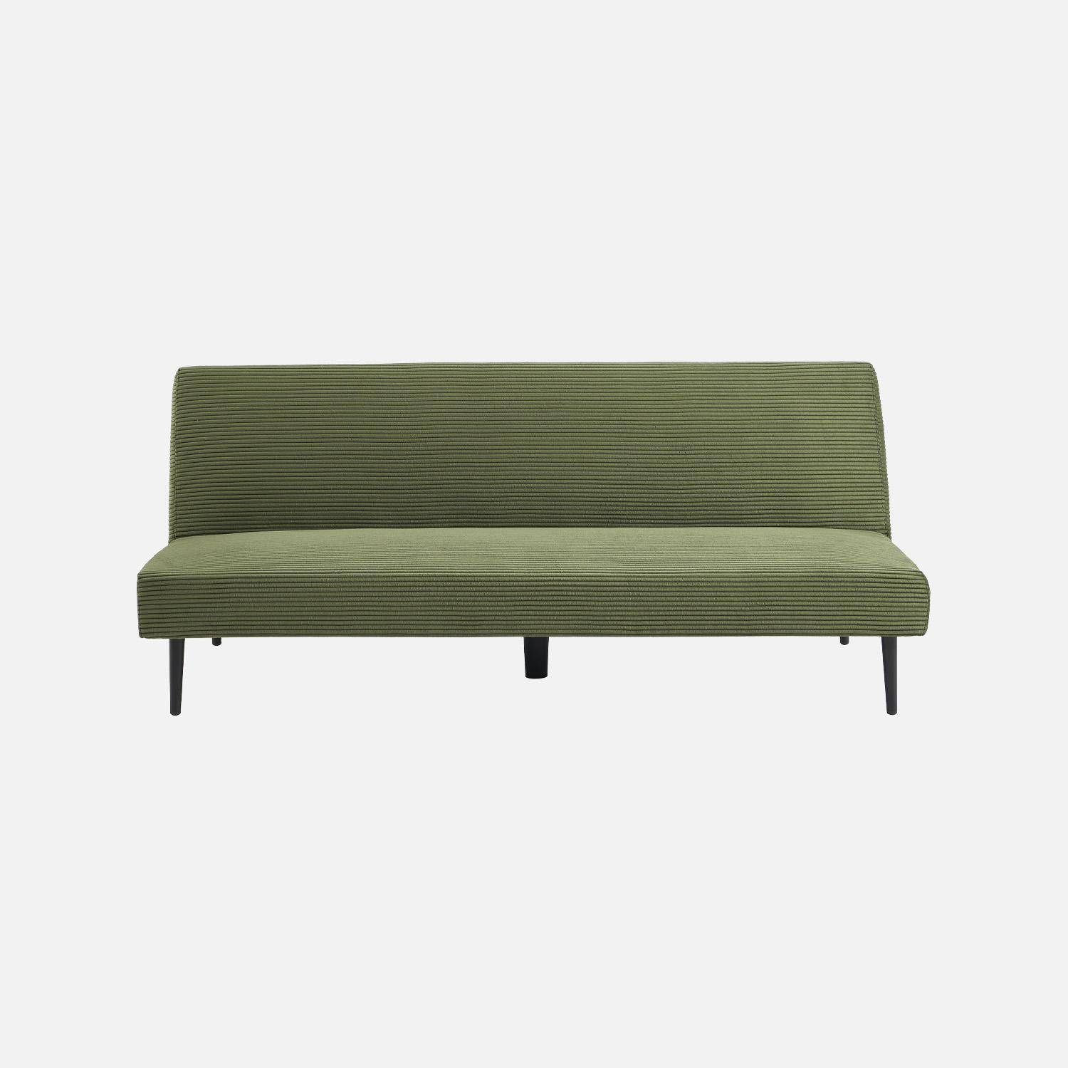 Canapé banquette convertible 3 places velours côtelé kaki piétement métal L 180 x P 100 x H 74,5 cm - Max Photo2
