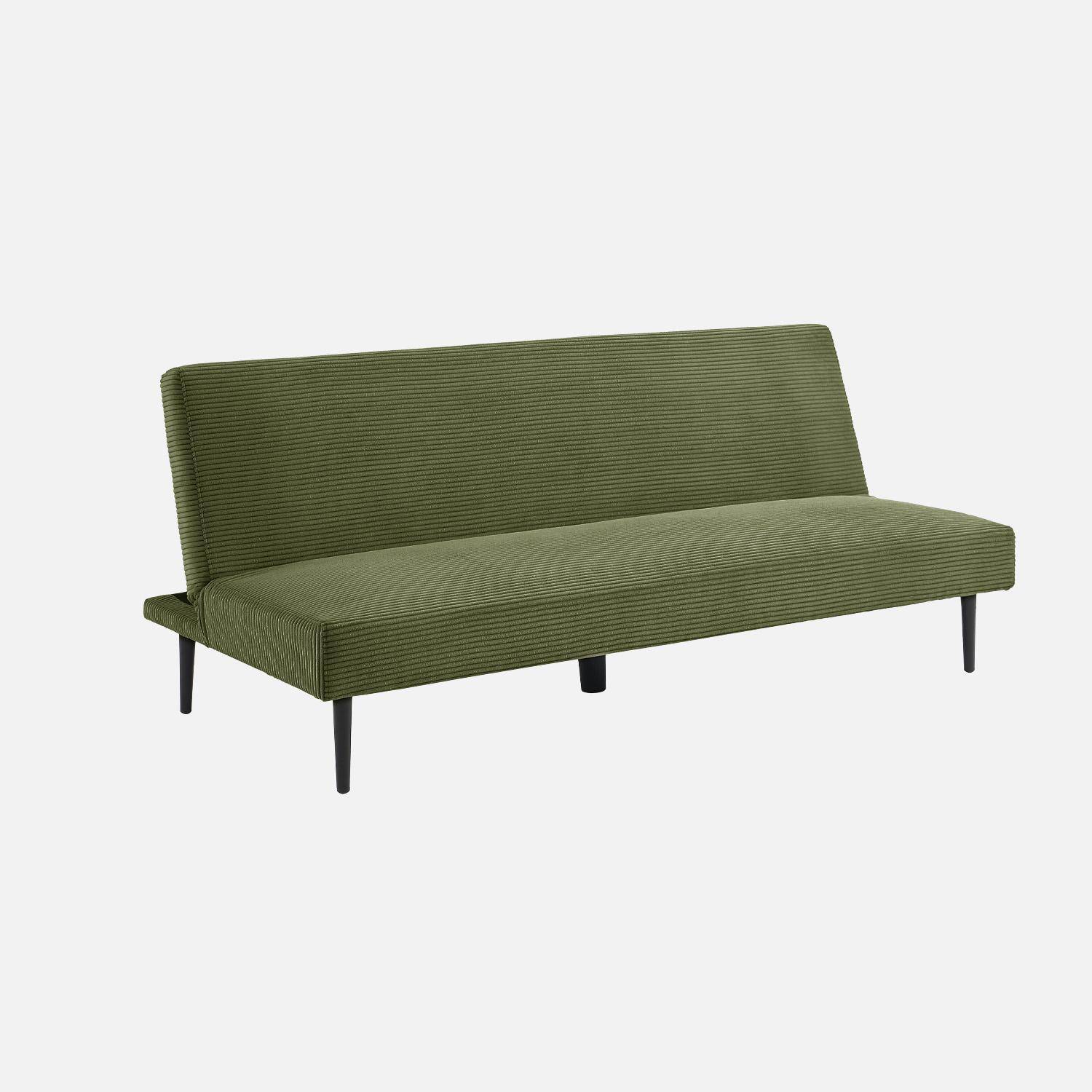 Canapé banquette convertible 3 places velours côtelé kaki piétement métal L 180 x P 100 x H 74,5 cm - Max Photo1