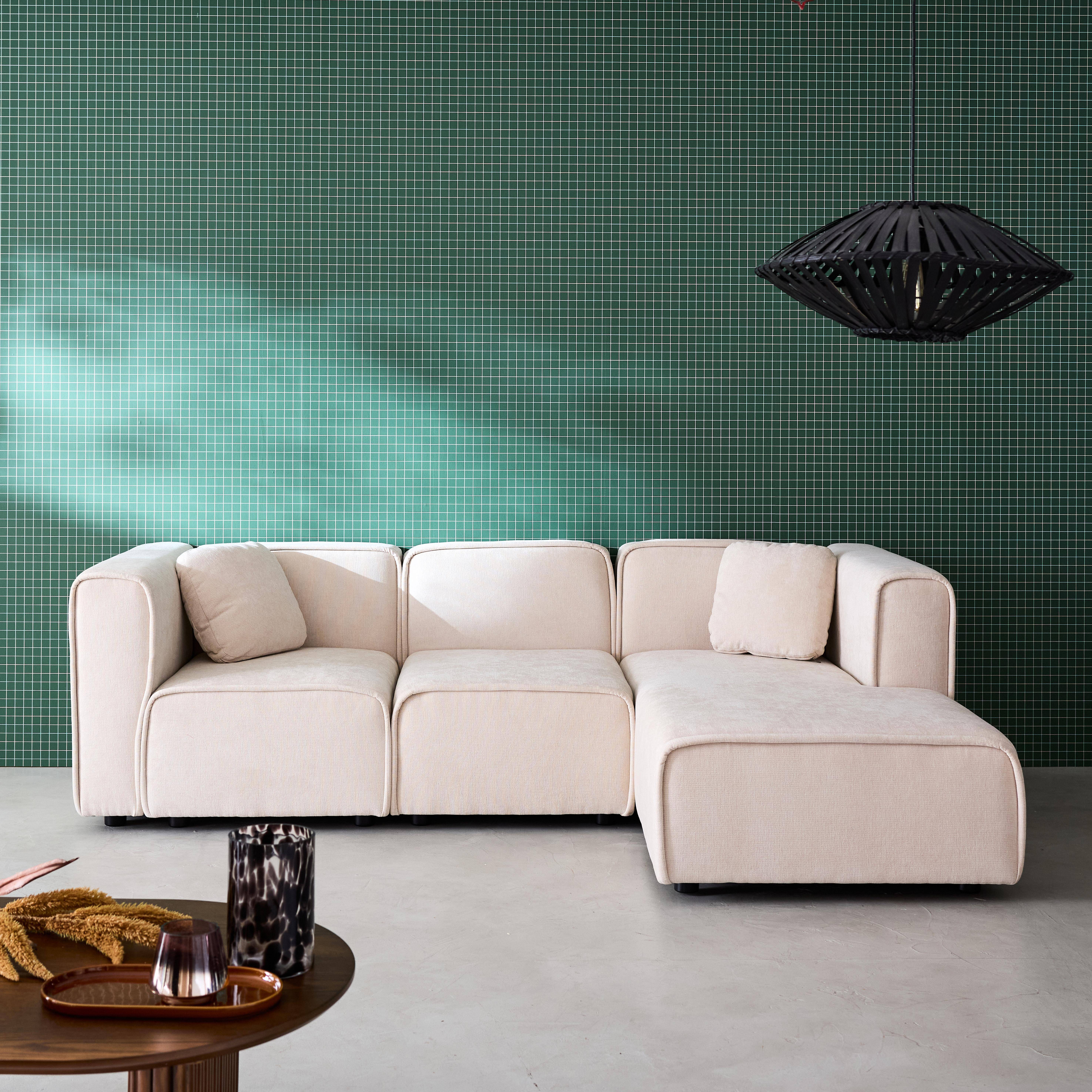 Canapé d'angle droite 3 places tissu beige 2 coussins carrés L 230 x P 145 x H 70 cm - Lester Photo1