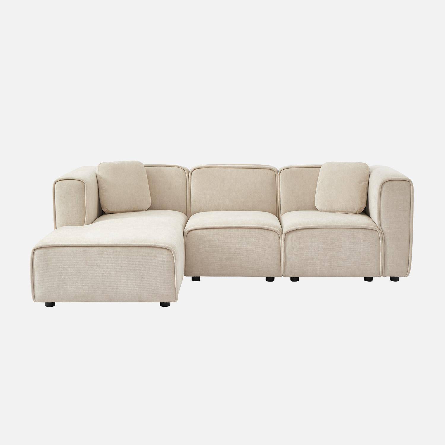 Narożnik lewy 3-osobowy, beżowa tkanina, 2 kwadratowe poduszki, dł. 230 x gł. 145 x wys. 70 cm – Lester Photo4