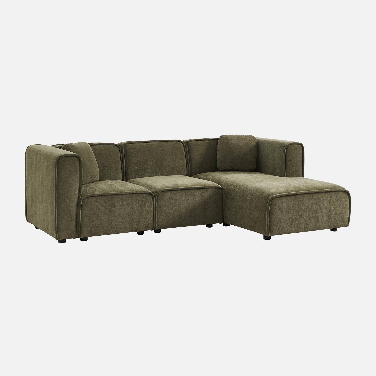 Canapé d'angle droite 3 places tissu kaki 2 coussins carrés L 230 x P 145 x H 70 cm - Lester Photo1