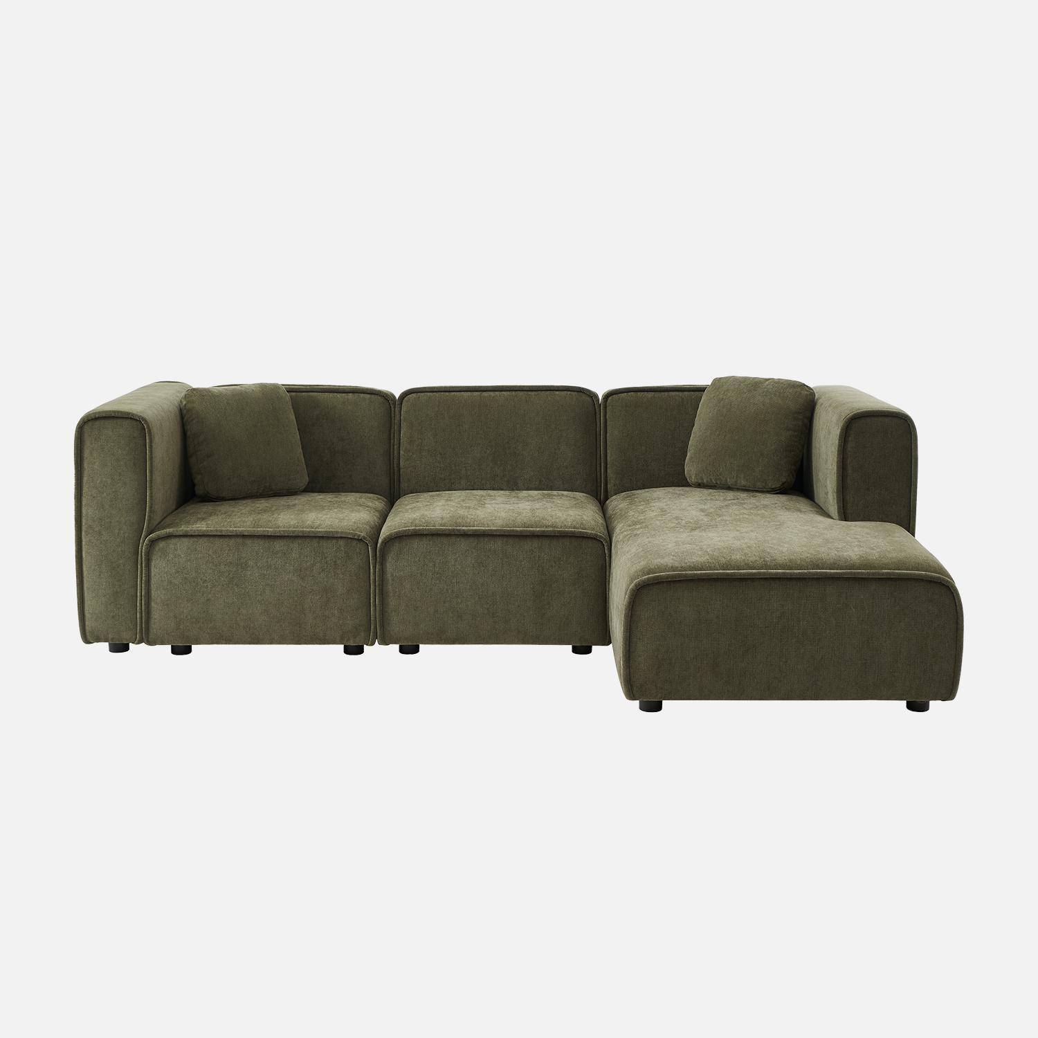 Canapé d'angle droite 3 places tissu kaki 2 coussins carrés L 230 x P 145 x H 70 cm - Lester Photo2