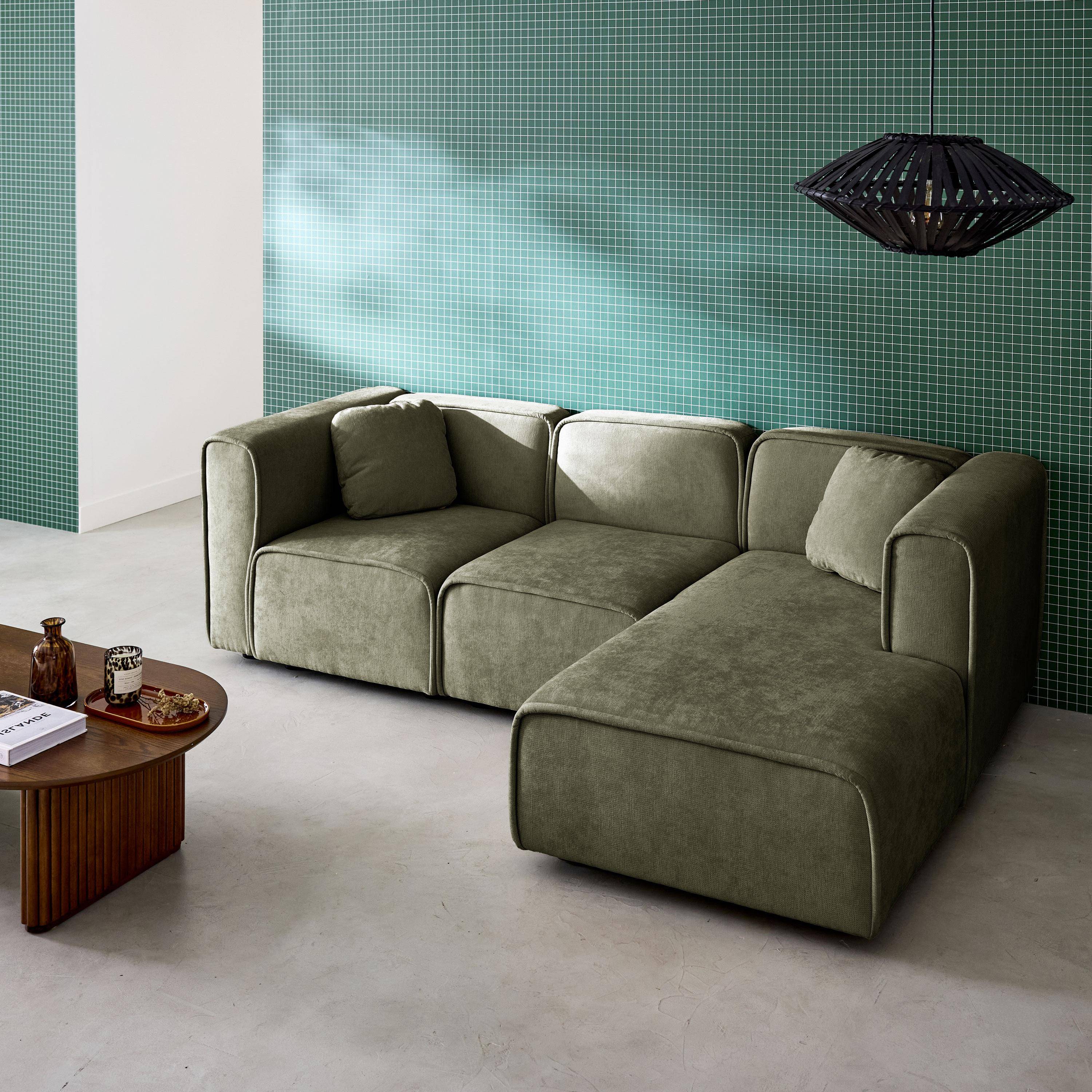 Canapé d'angle droite 3 places tissu kaki 2 coussins carrés L 230 x P 145 x H 70 cm - Lester Photo2
