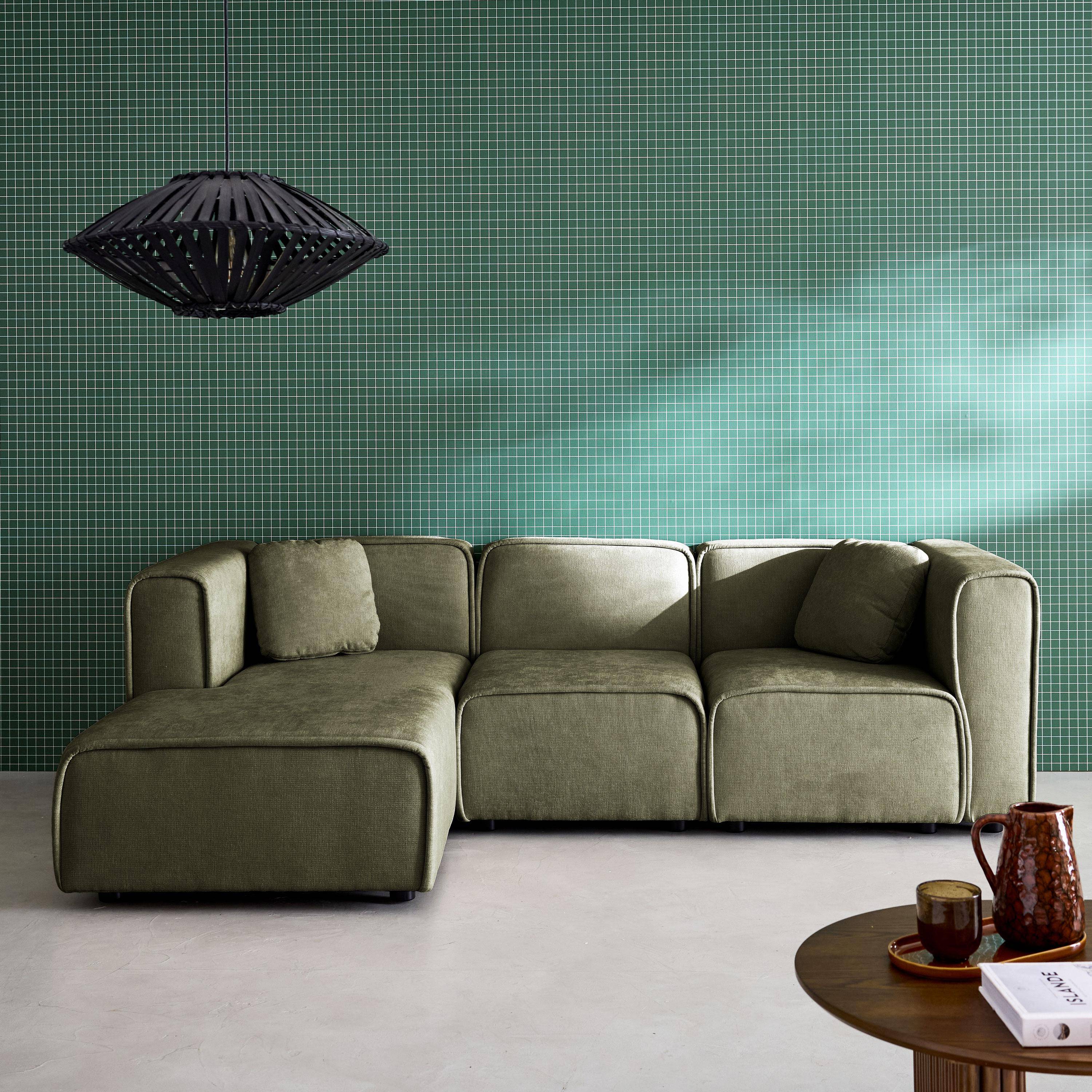 Narożnik lewy 3-osobowy, tkanina w kolorze khaki, 2 kwadratowe poduszki, dł. 230 x gł. 145 x wys. 70 cm – Lester Photo1