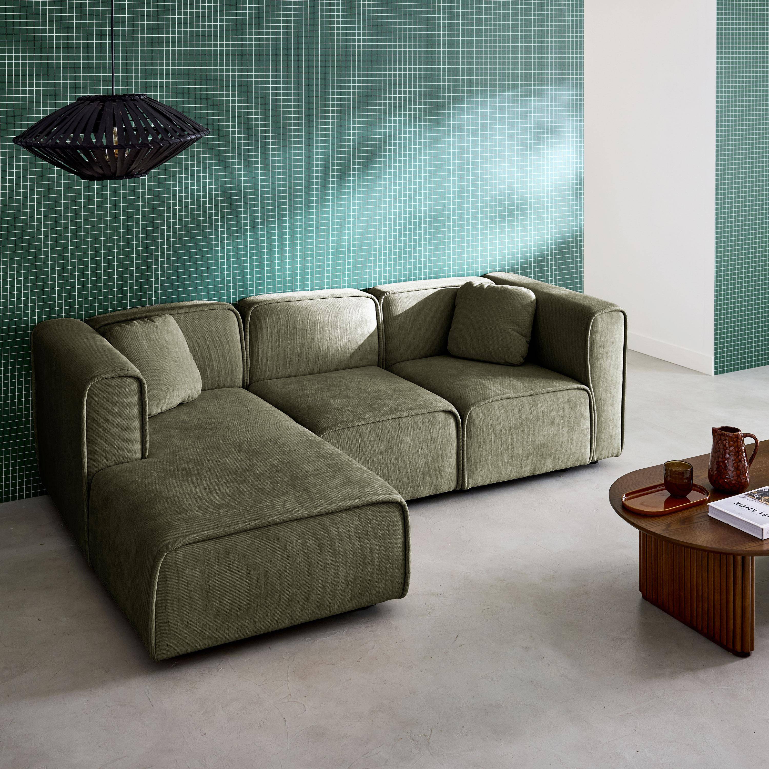 Narożnik lewy 3-osobowy, tkanina w kolorze khaki, 2 kwadratowe poduszki, dł. 230 x gł. 145 x wys. 70 cm – Lester,sweeek,Photo2