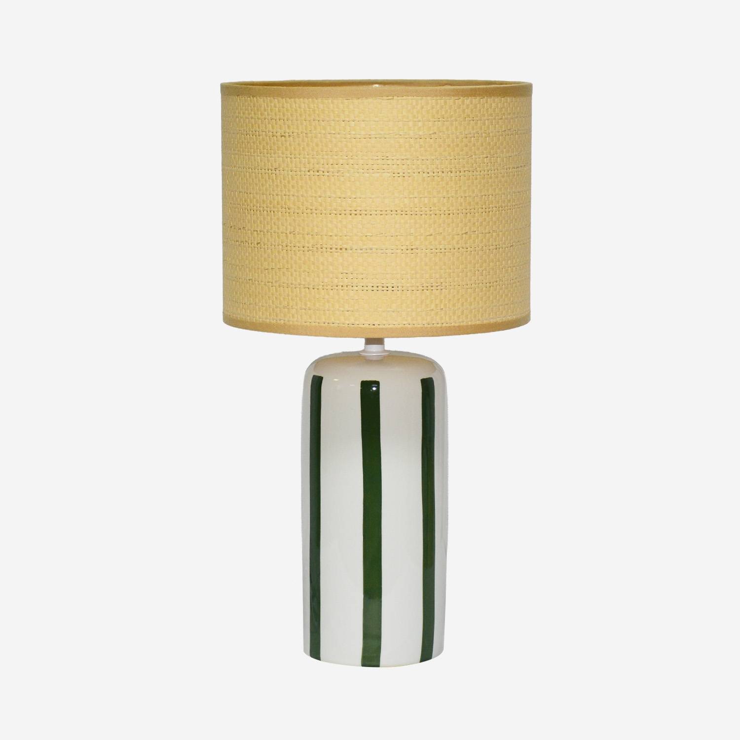 Lámpara de mesa interior cerámica pantalla efecto ratán, Verde