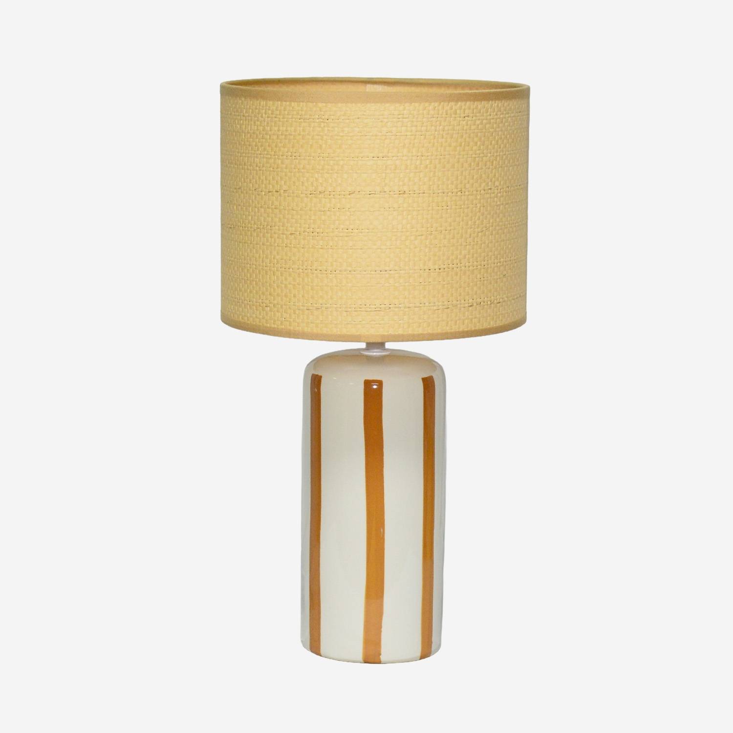 Lámpara de mesa interior cerámica pantalla efecto ratán, Mostaza