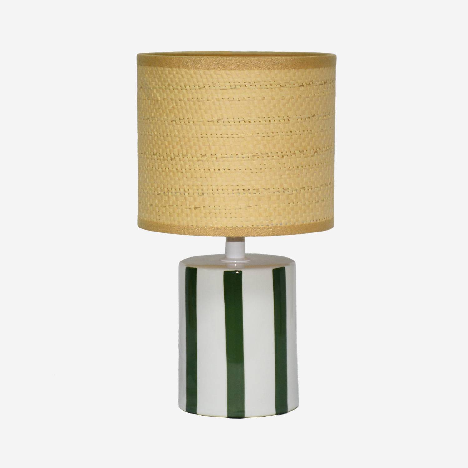 Lámpara de mesa interior cerámica pantalla de efecto de mimbre, Verde