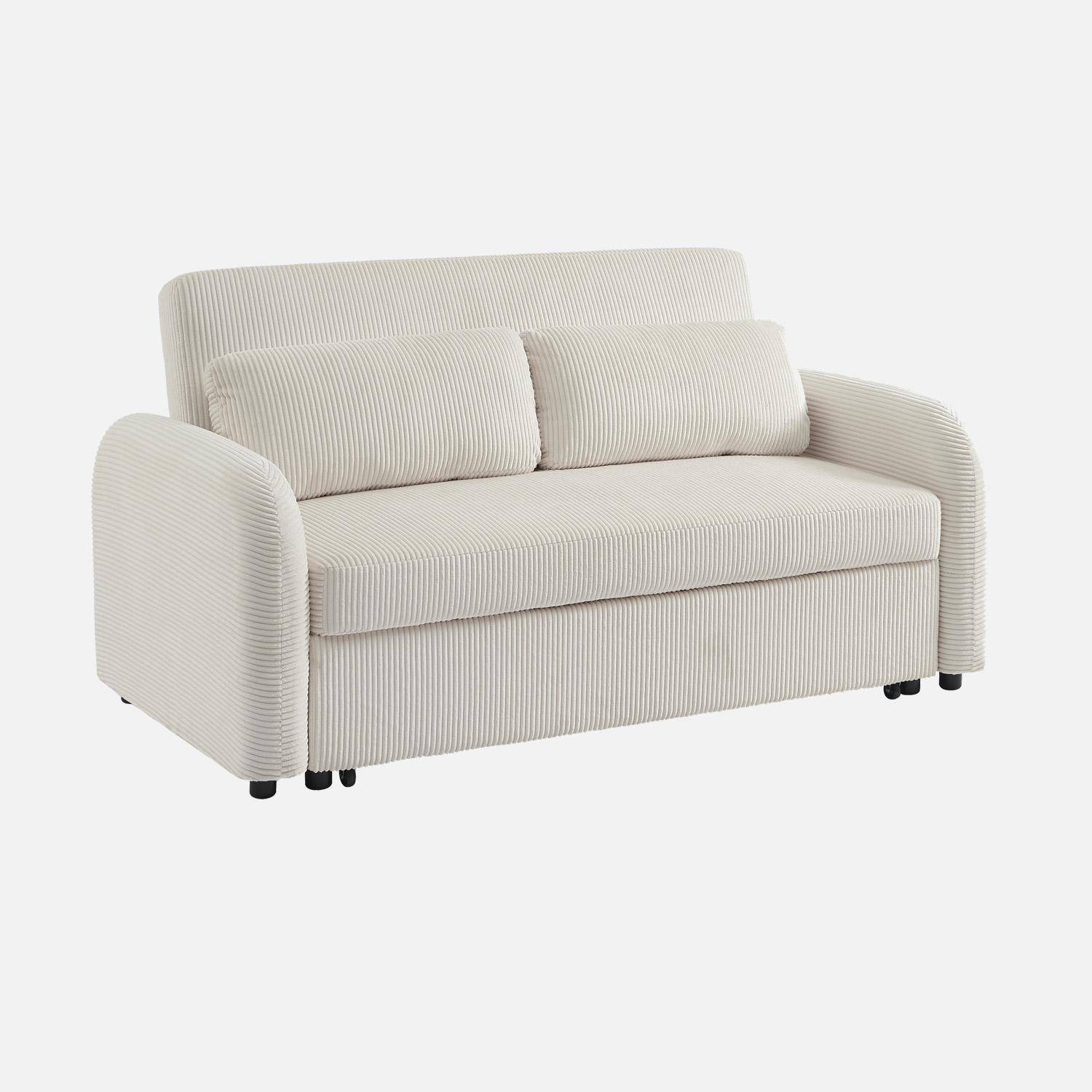 Canapé convertible arrondi 2 places velours côtelé blanc L 168 x P 90 x H 88cm - Lino  Photo1
