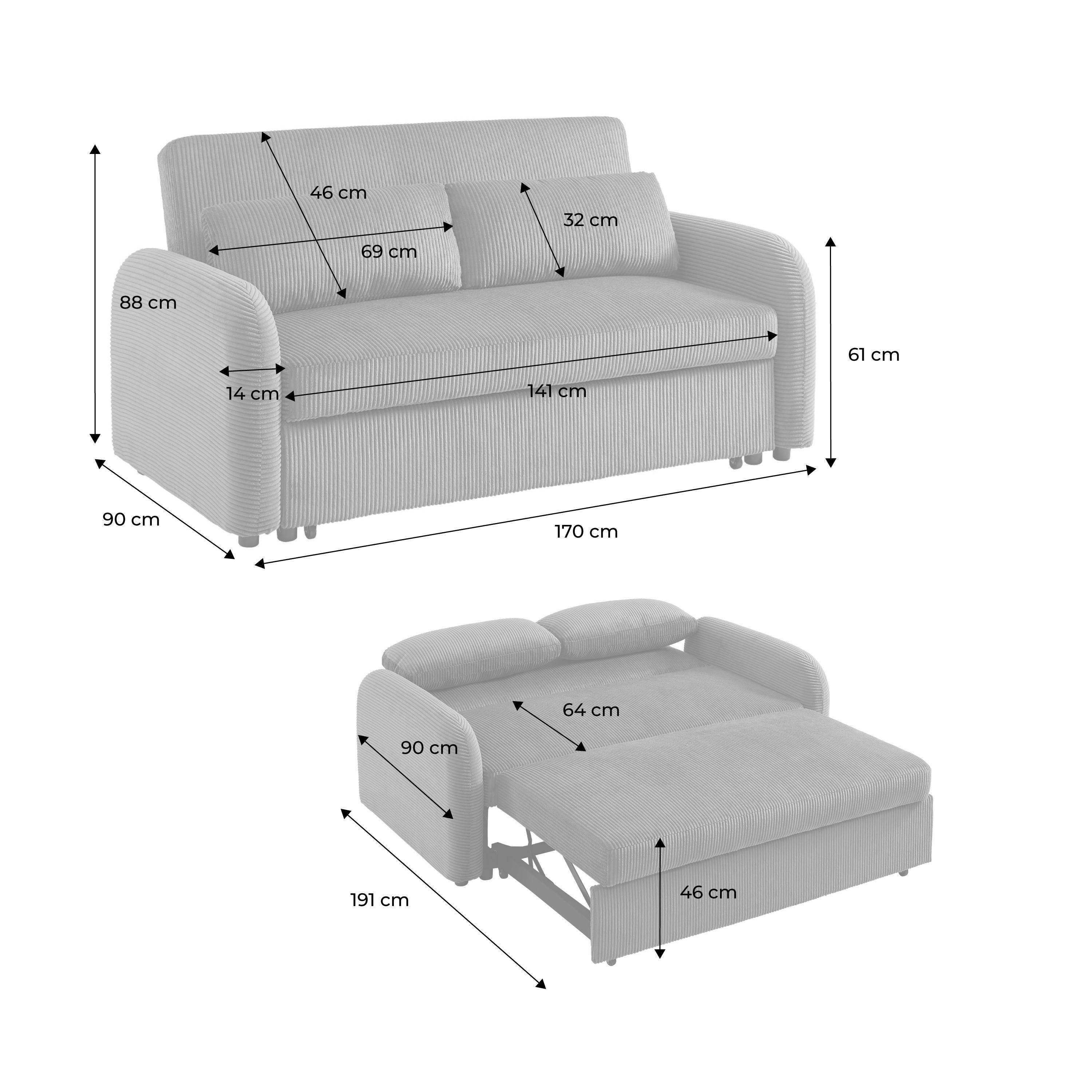 2-Sitzer Schlafsofa mit Cordbezug in weiß